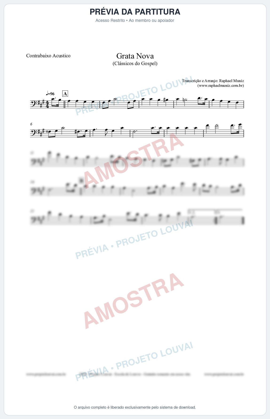 Prévia protegida da primeira página da partitura Partitura para Contrabaixo Acústico - Grata Nova - Harpa Cristã 18 (Tom F#m) - Clássicos do Gospel