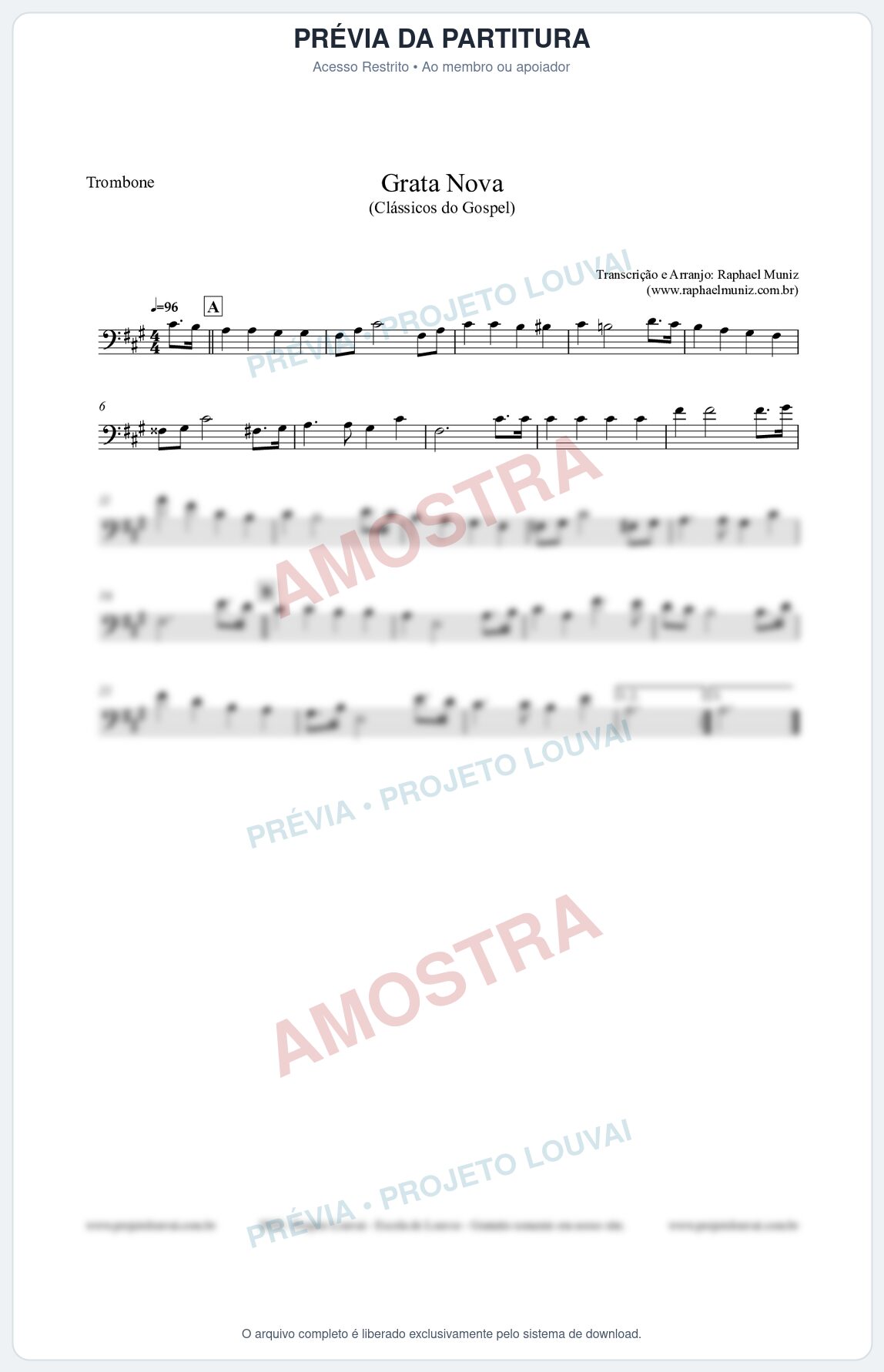 Prévia protegida da primeira página da partitura Partitura para Trombone - Grata Nova - Harpa Cristã 18 (Tom F#m) - Clássicos do Gospel
