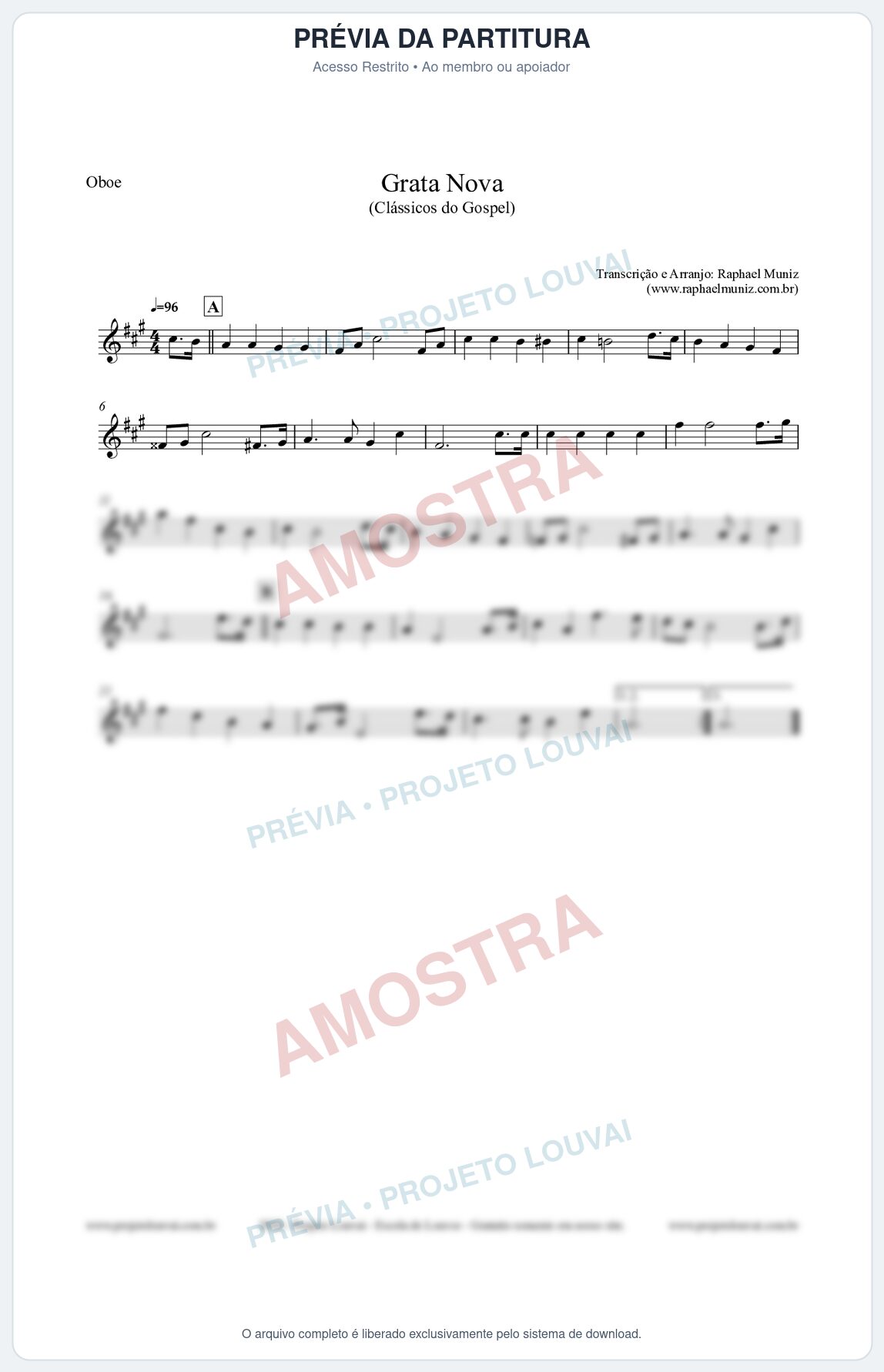 Prévia protegida da primeira página da partitura Partitura para Oboé - Grata Nova - Harpa Cristã 18 (Tom F#m) - Clássicos do Gospel