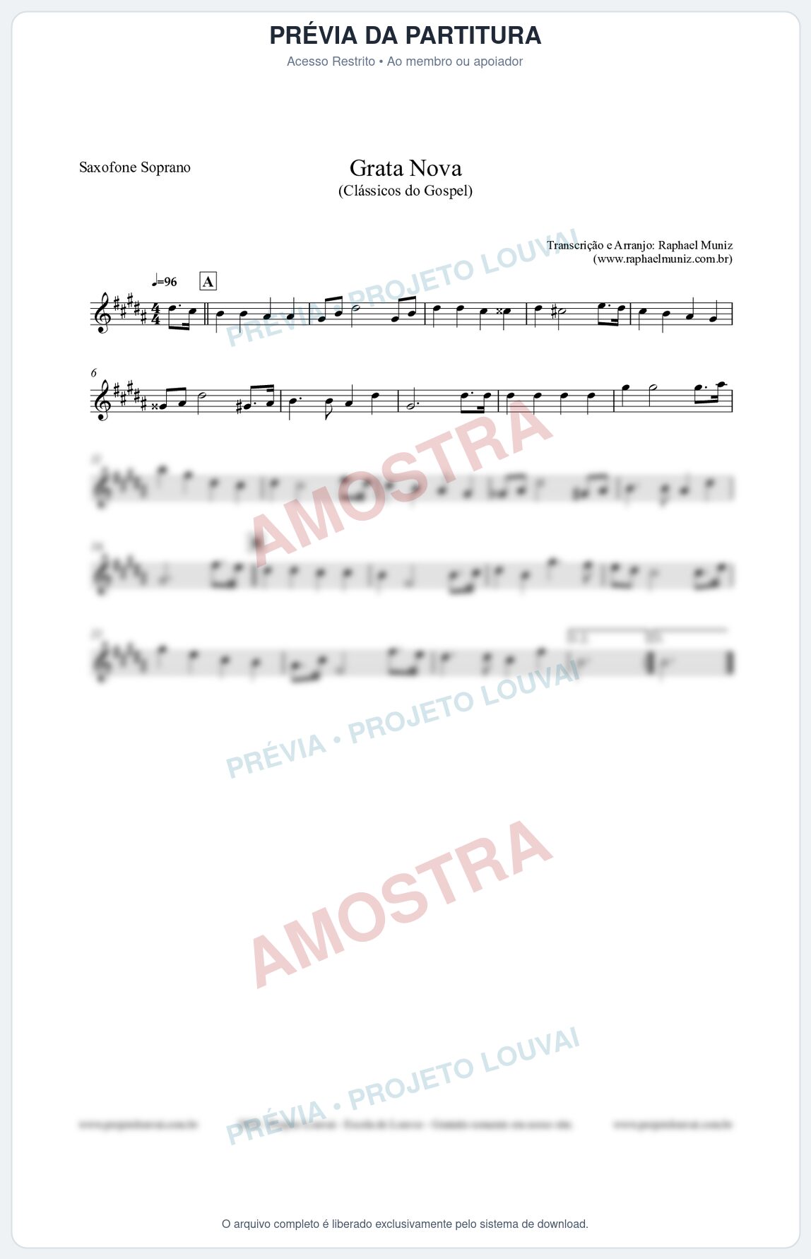 Prévia protegida da primeira página da partitura Partitura para Saxofone Soprano - Grata Nova - Harpa Cristã 18 (Tom F#m) - Clássicos do Gospel