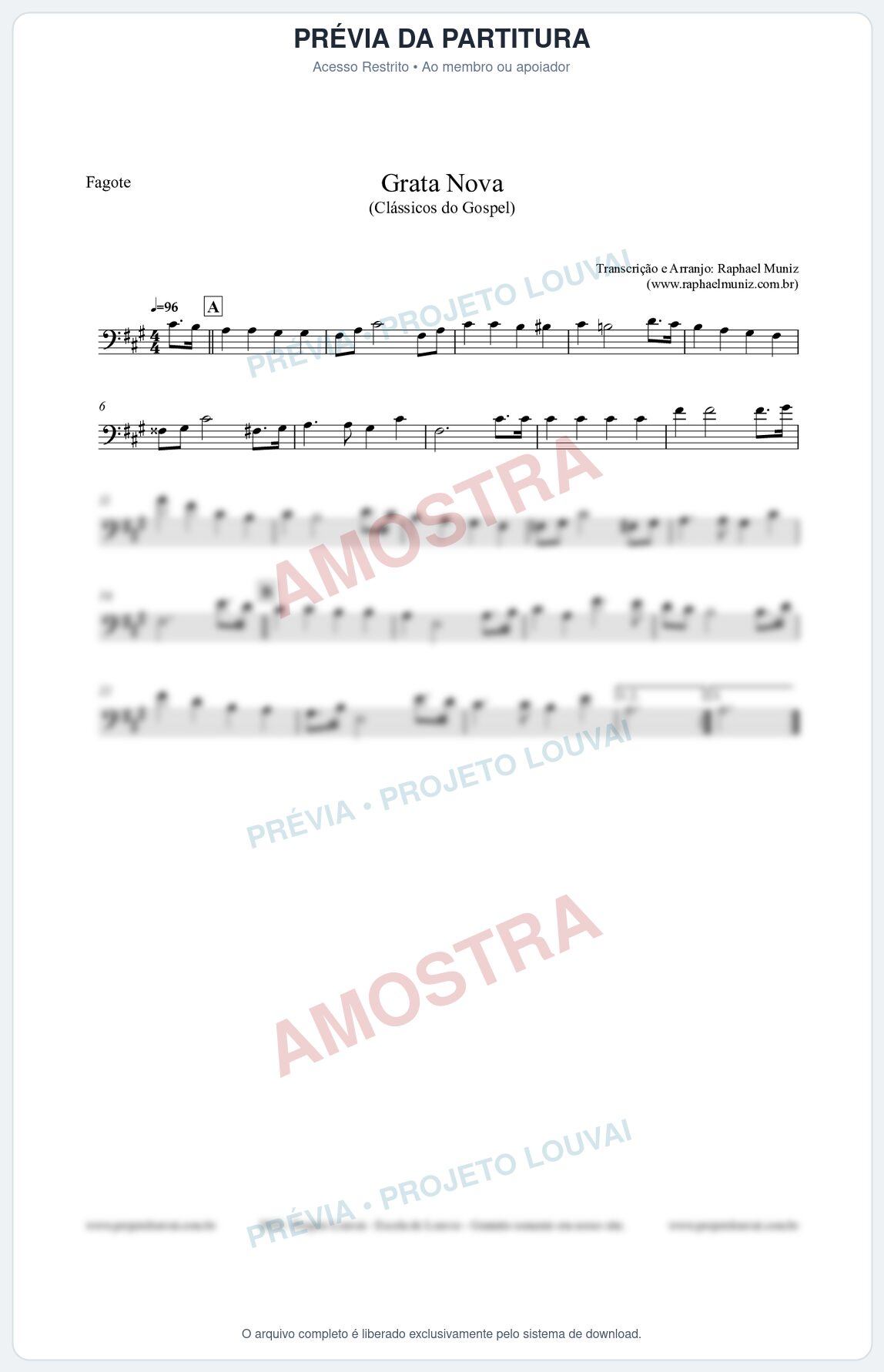 Prévia protegida da primeira página da partitura Partitura para Fagote - Grata Nova - Harpa Cristã 18 (Tom F#m) - Clássicos do Gospel