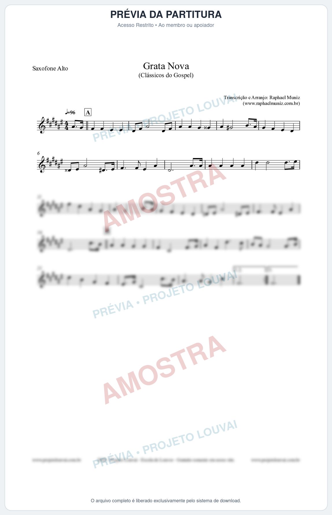 Prévia protegida da primeira página da partitura Partitura para Saxofone Alto - Grata Nova - Harpa Cristã 18 (Tom F#m) - Clássicos do Gospel