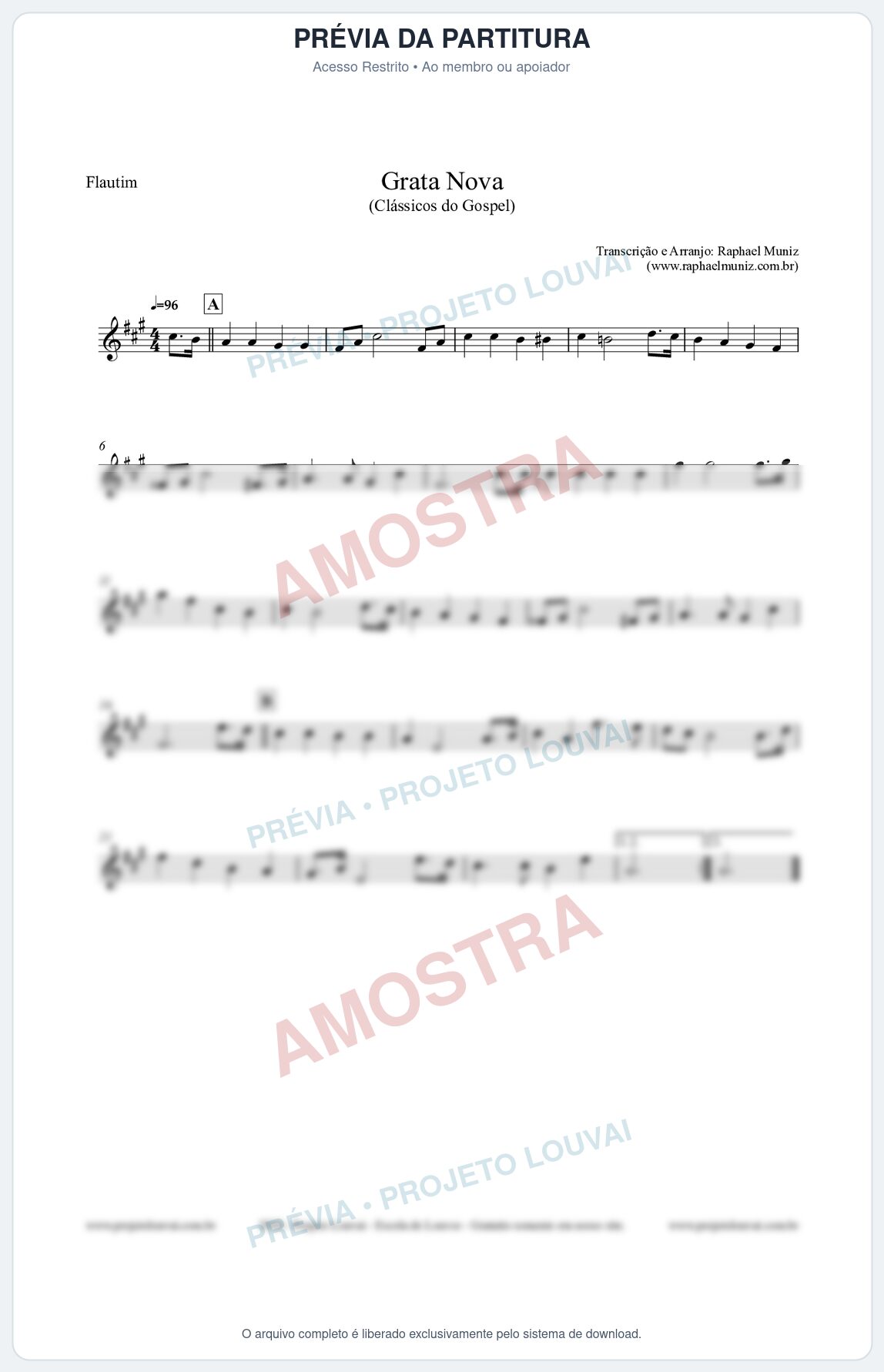 Prévia protegida da primeira página da partitura Partitura para Flautim - Grata Nova - Harpa Cristã 18 (Tom F#m) - Clássicos do Gospel
