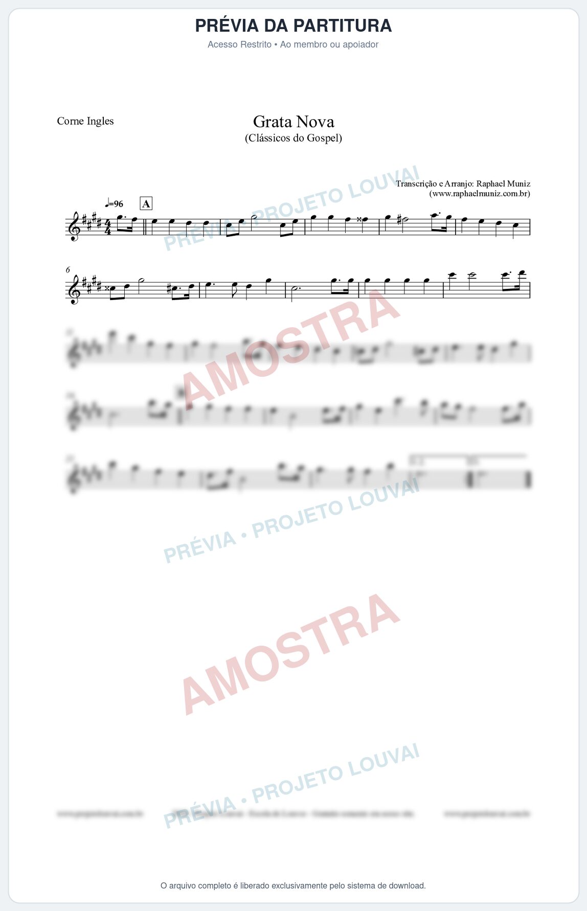 Prévia protegida da primeira página da partitura Partitura para Corne Inglês - Grata Nova - Harpa Cristã 18 (Tom F#m) - Clássicos do Gospel