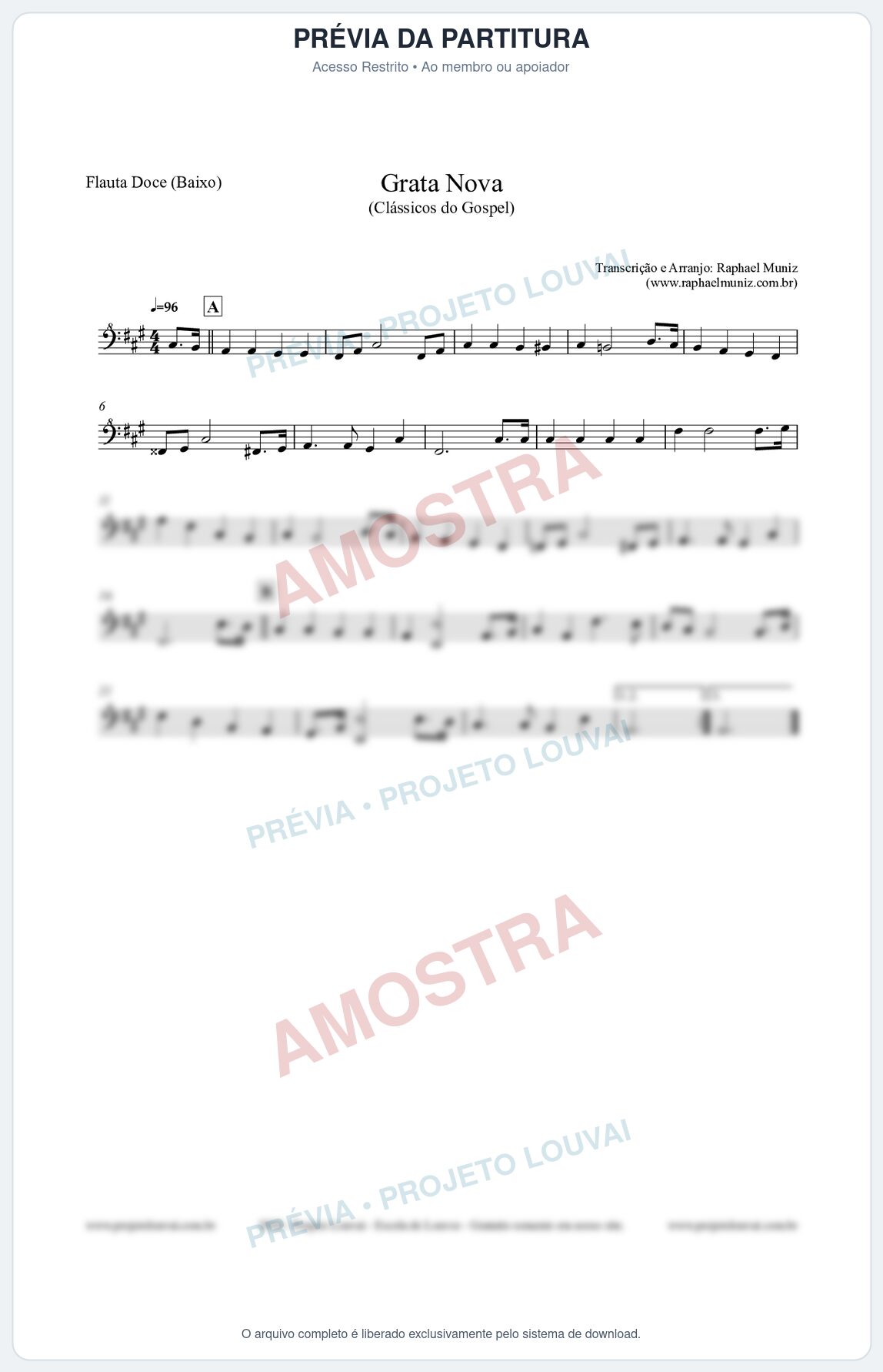 Prévia protegida da primeira página da partitura Partitura para Flauta Doce (Baixo) - Grata Nova - Harpa Cristã 18 (Tom F#m) - Clássicos do Gospel