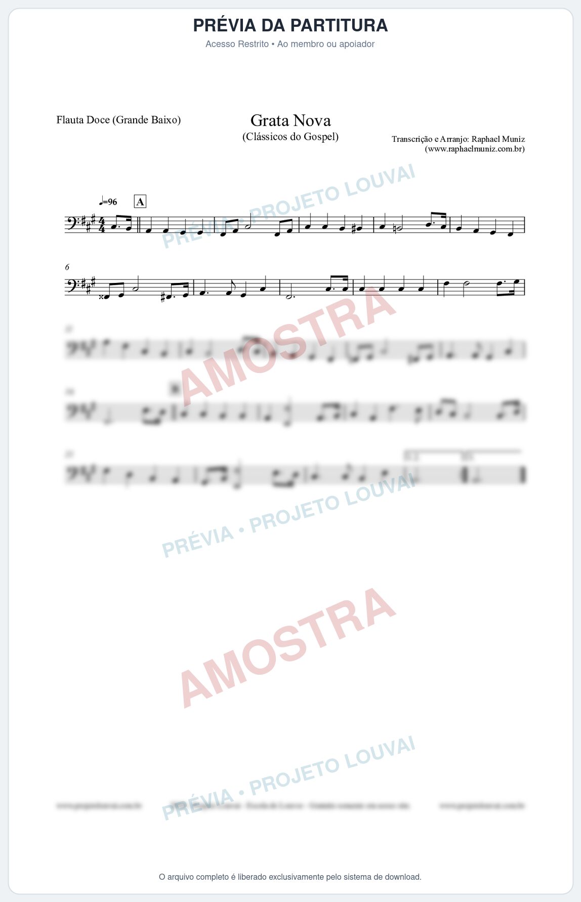 Prévia protegida da primeira página da partitura Partitura para Flauta Doce (Grande Baixo) - Grata Nova - Harpa Cristã 18 (Tom F#m) - Clássicos do Gospel