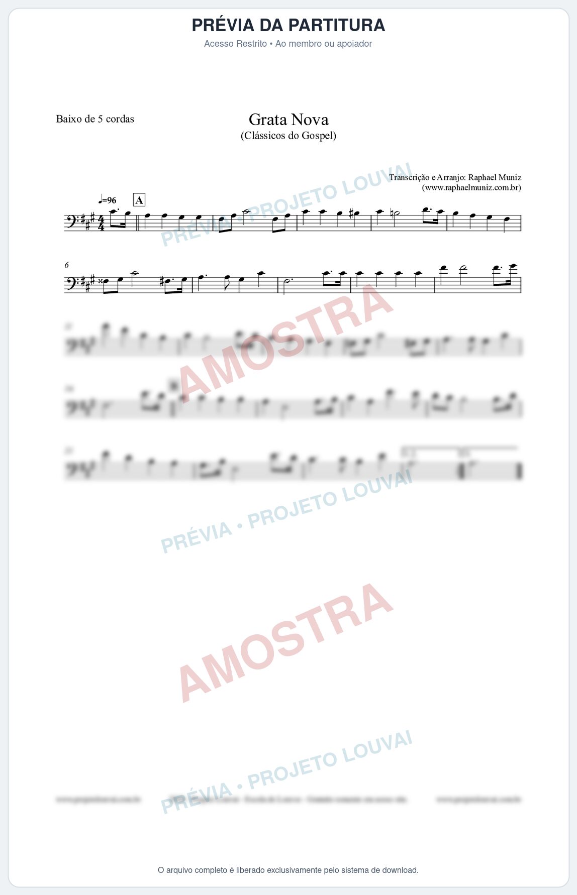 Prévia protegida da primeira página da partitura Partitura para Baixo de 5 cordas - Grata Nova - Harpa Cristã 18 (Tom F#m) - Clássicos do Gospel