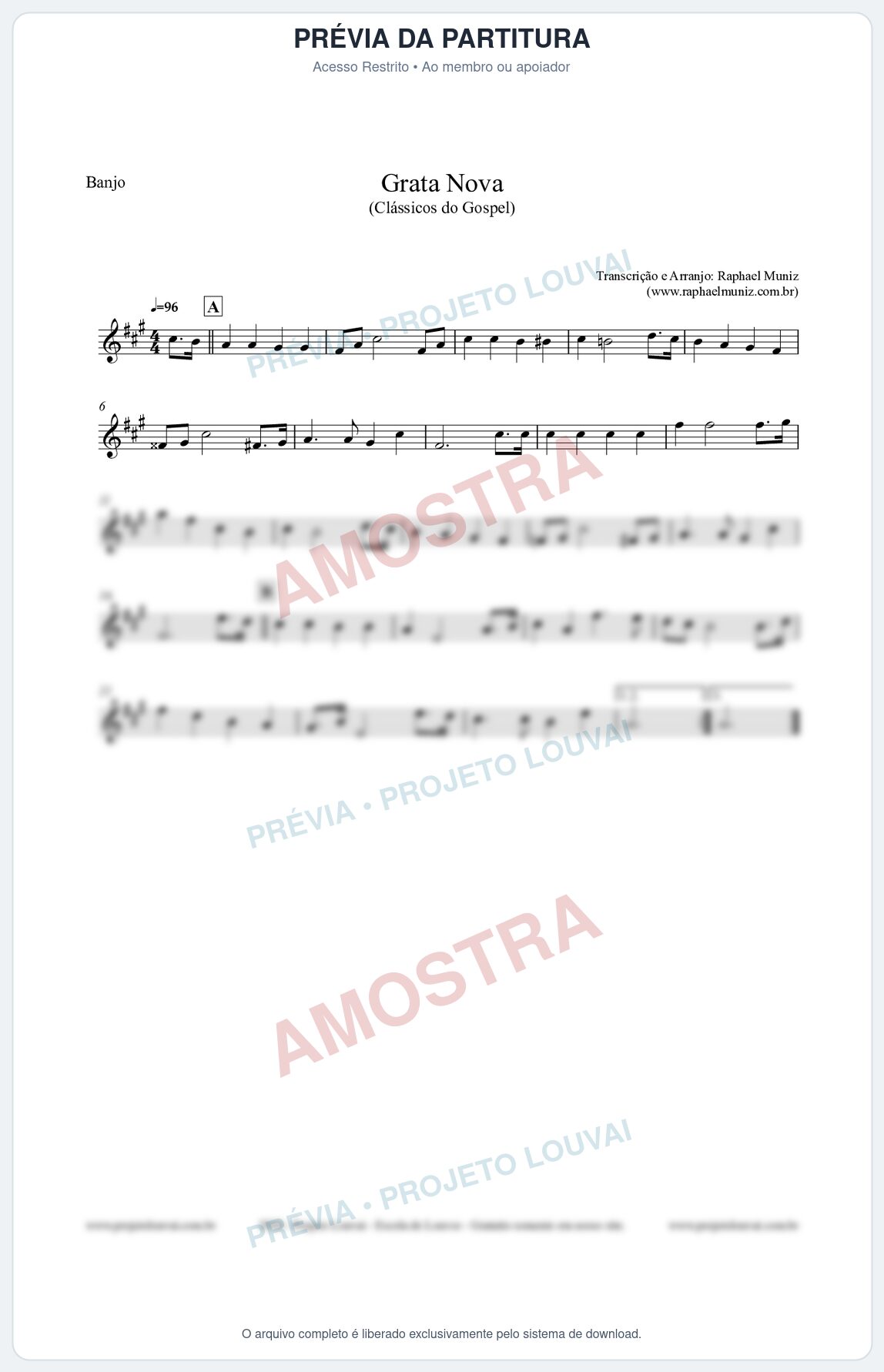 Prévia protegida da primeira página da partitura Partitura para Banjo - Grata Nova - Harpa Cristã 18 (Tom F#m) - Clássicos do Gospel