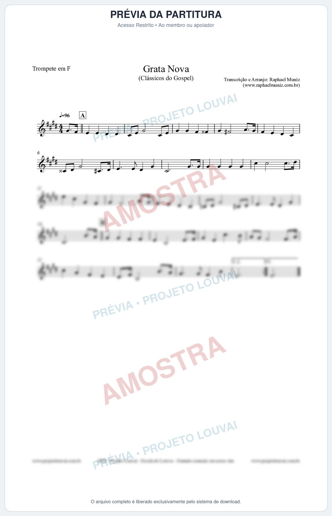 Prévia protegida da primeira página da partitura Partitura para Trompete em F - Grata Nova - Harpa Cristã 18 (Tom F#m) - Clássicos do Gospel