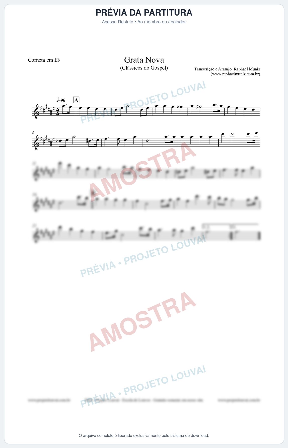 Prévia protegida da primeira página da partitura Partitura para Corneta em Eb - Grata Nova - Harpa Cristã 18 (Tom F#m) - Clássicos do Gospel