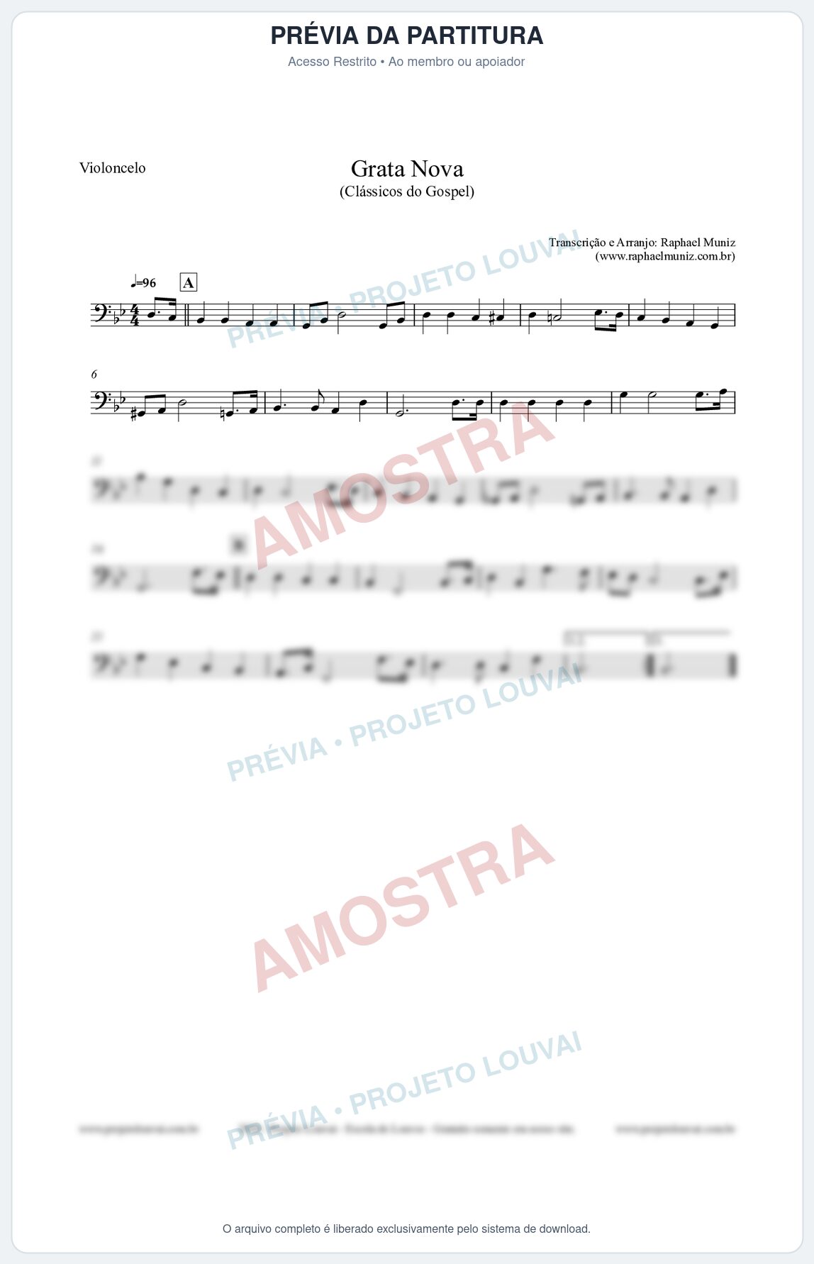 Prévia protegida da primeira página da partitura Partitura para Violoncelo - Grata Nova - Harpa Cristã 18 (Tom Gm) - Clássicos do Gospel