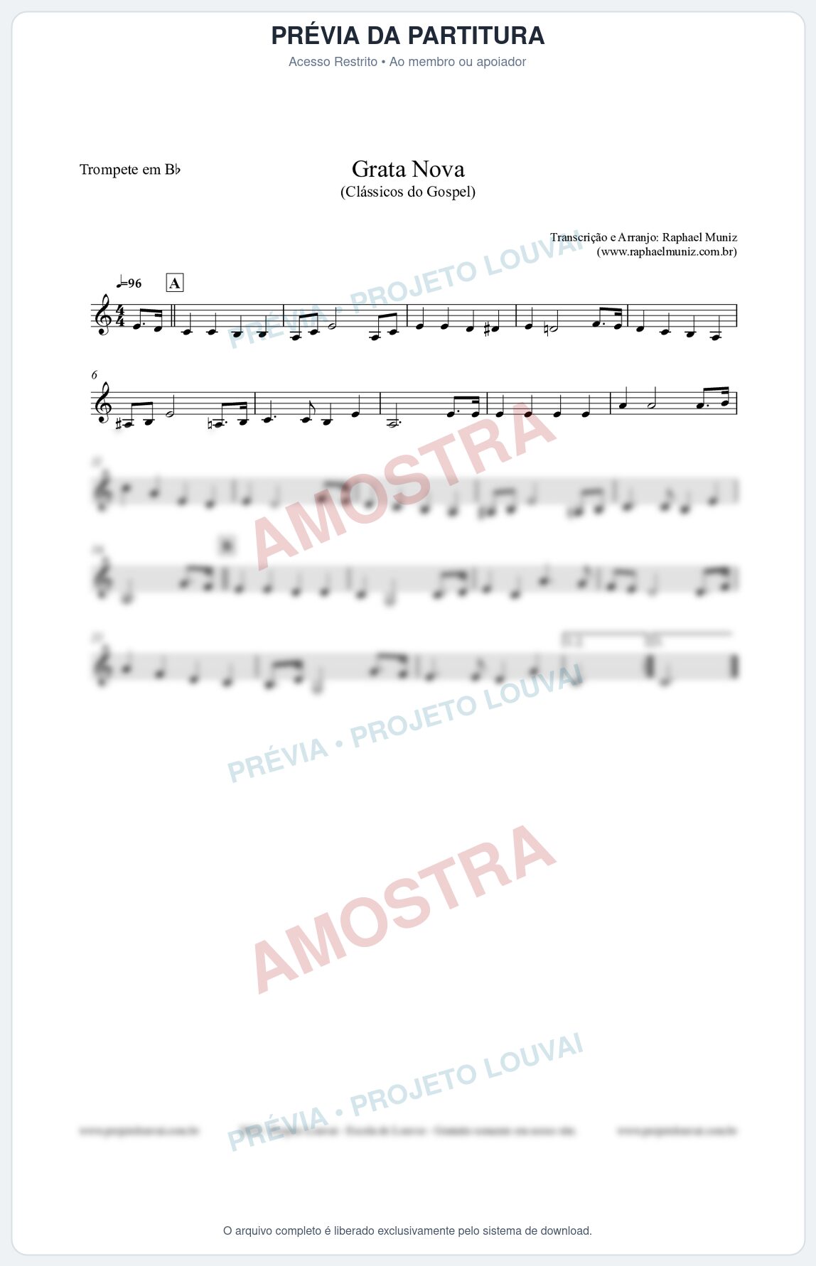 Prévia protegida da primeira página da partitura Partitura para Trompete em Bb - Grata Nova - Harpa Cristã 18 (Tom Gm) - Clássicos do Gospel