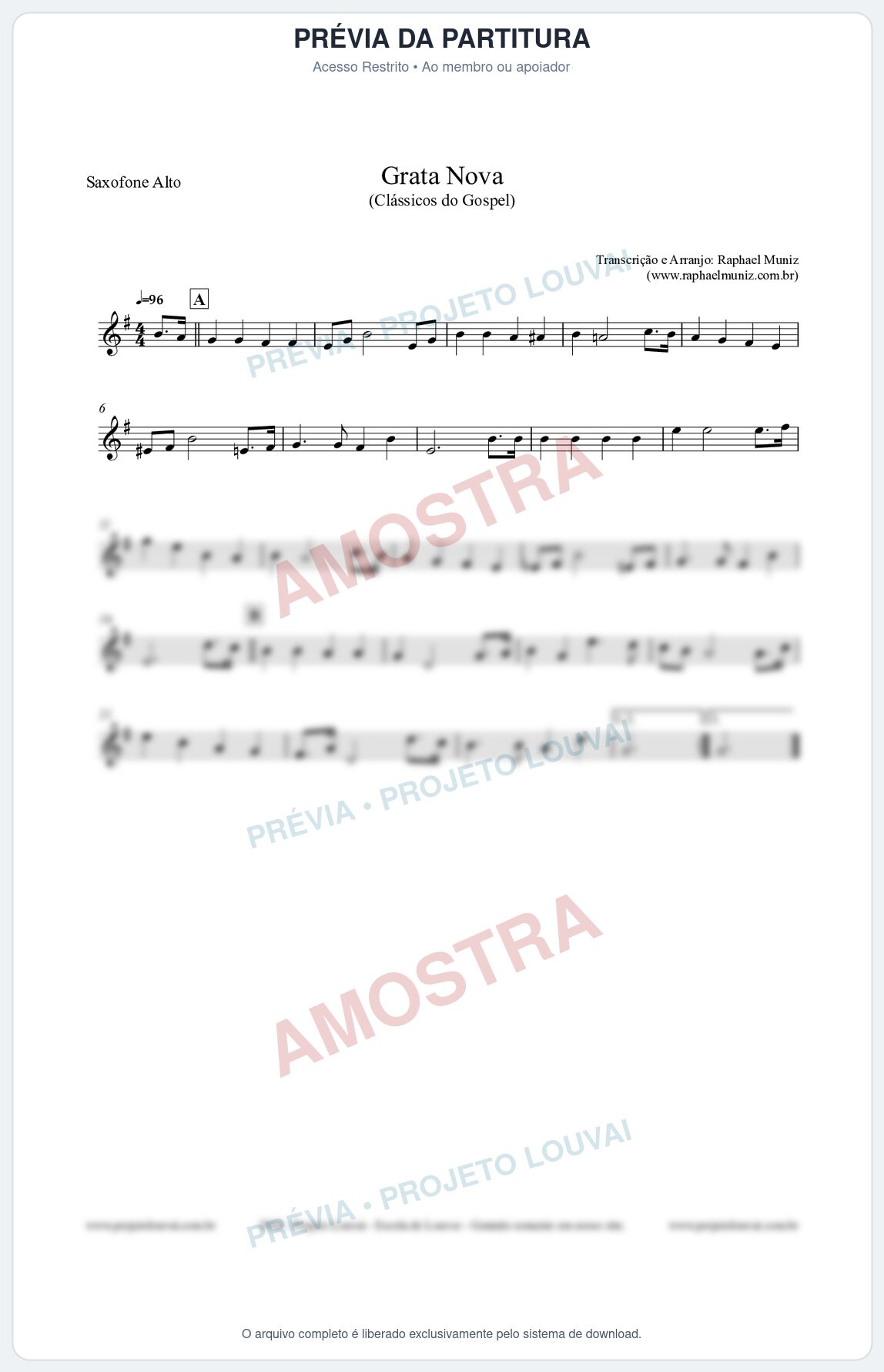 Prévia protegida da primeira página da partitura Partitura para Saxofone Alto - Grata Nova - Harpa Cristã 18 (Tom Gm) - Clássicos do Gospel