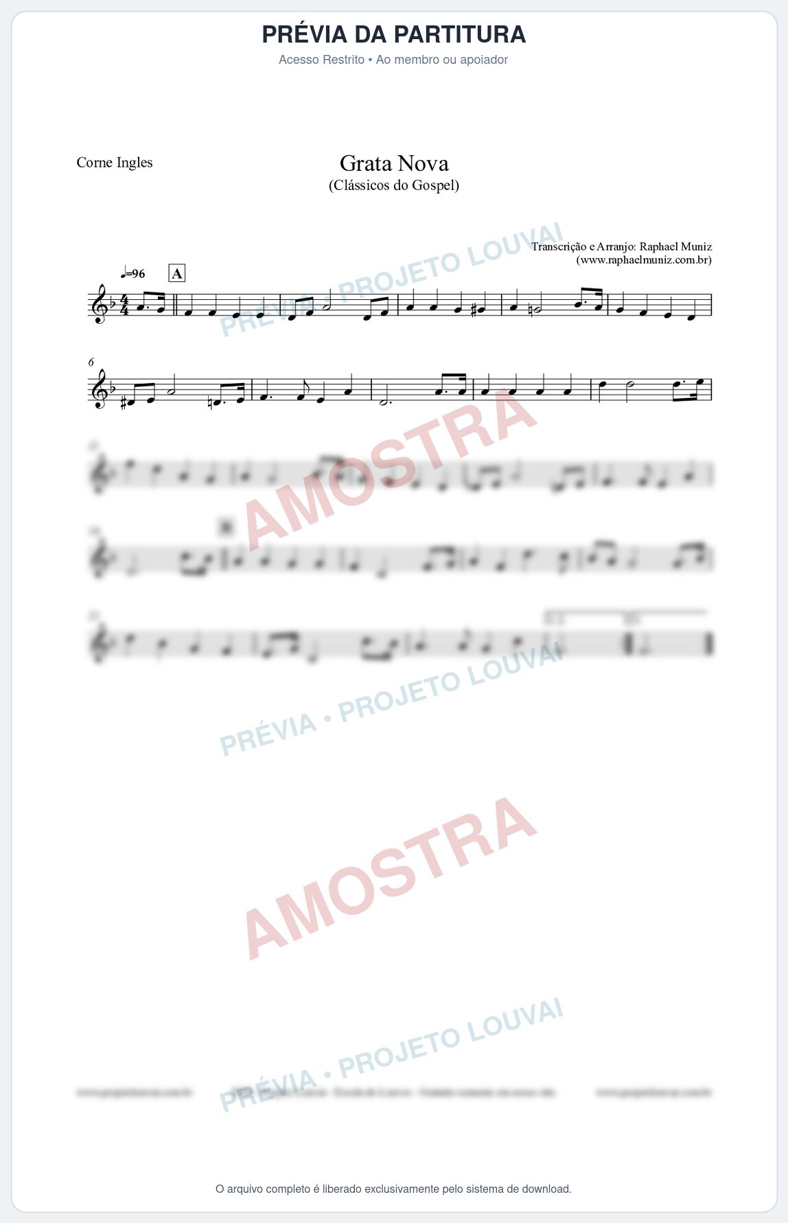 Prévia protegida da primeira página da partitura Partitura para Corne Inglês - Grata Nova - Harpa Cristã 18 (Tom Gm) - Clássicos do Gospel
