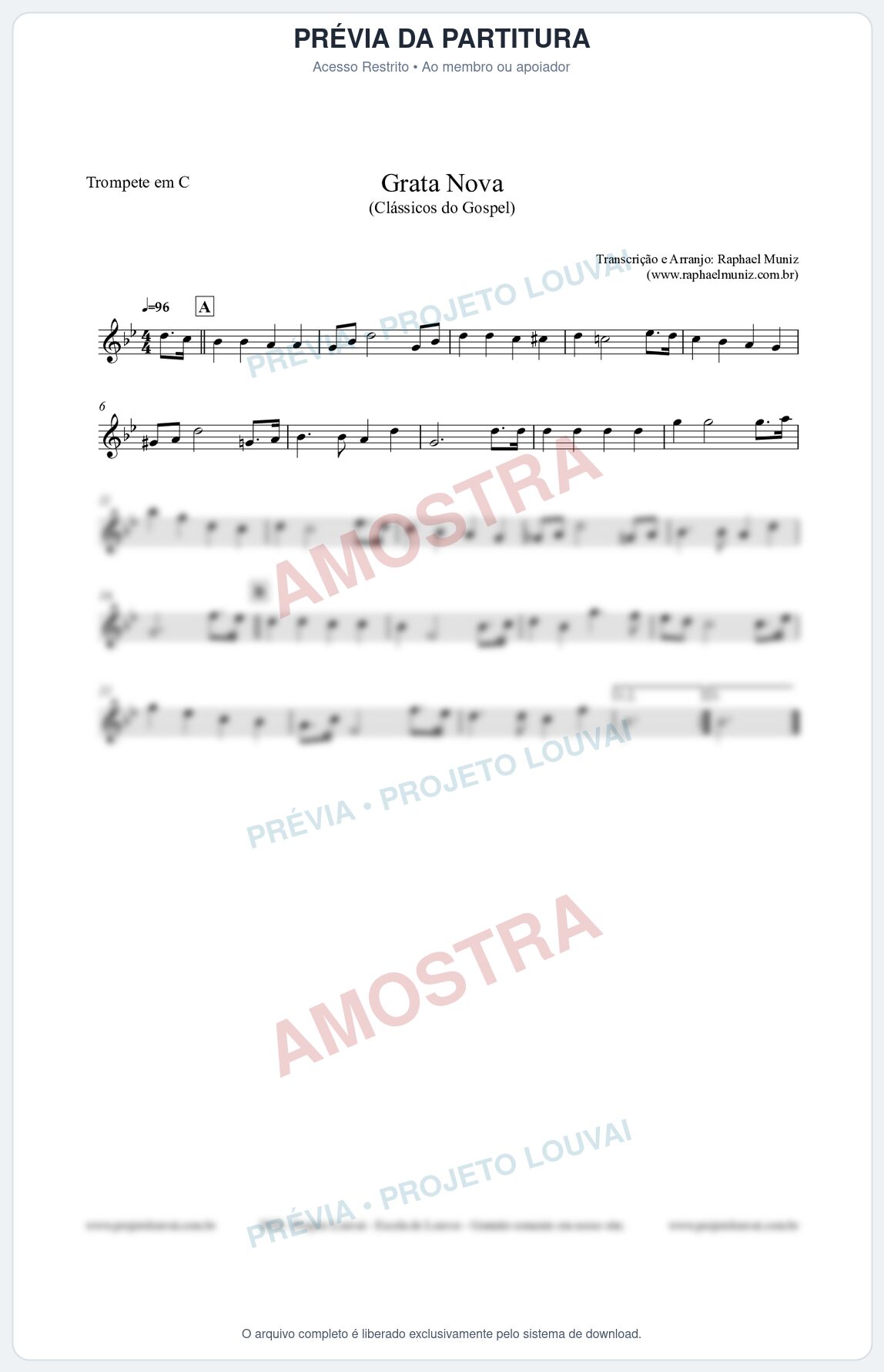 Prévia protegida da primeira página da partitura Partitura para Trompete em C - Grata Nova - Harpa Cristã 18 (Tom Gm) - Clássicos do Gospel