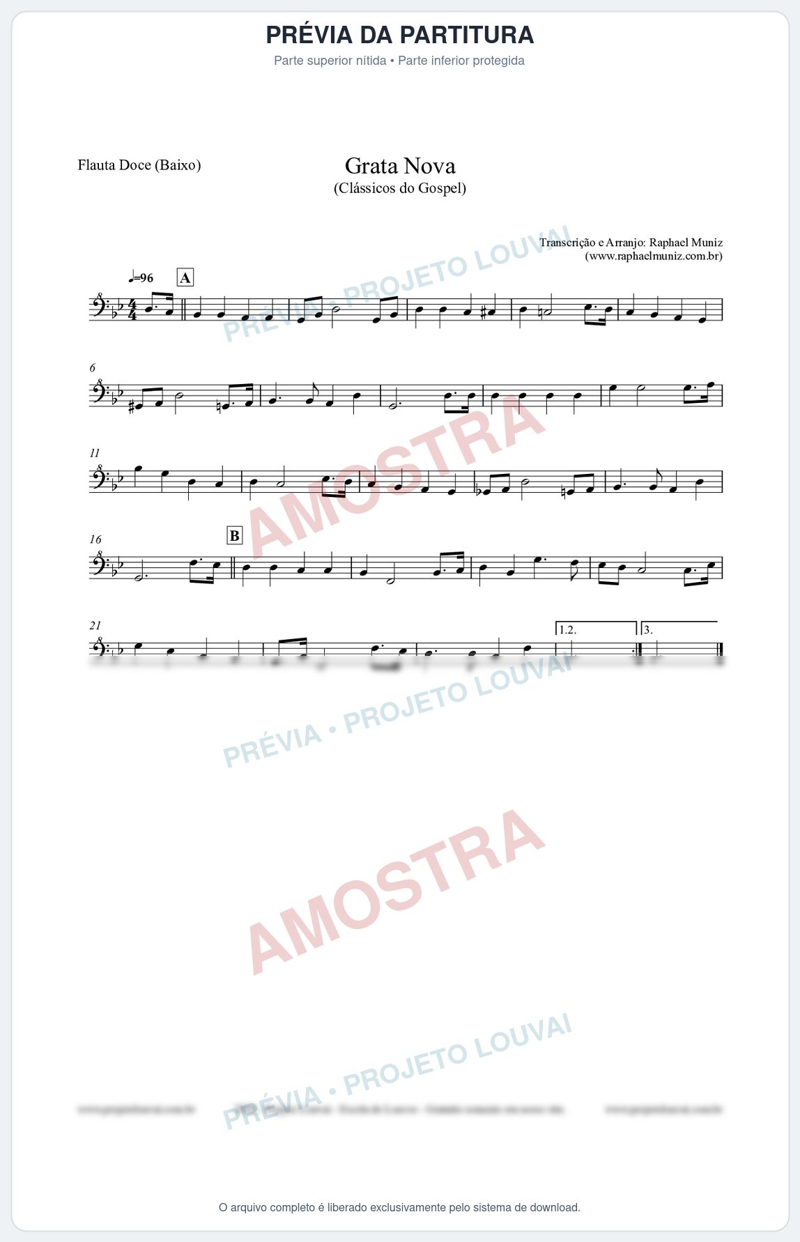 Prévia protegida da primeira página da partitura Partitura para Flauta Doce (Baixo) - Grata Nova - Harpa Cristã 18 (Tom Gm) - Clássicos do Gospel