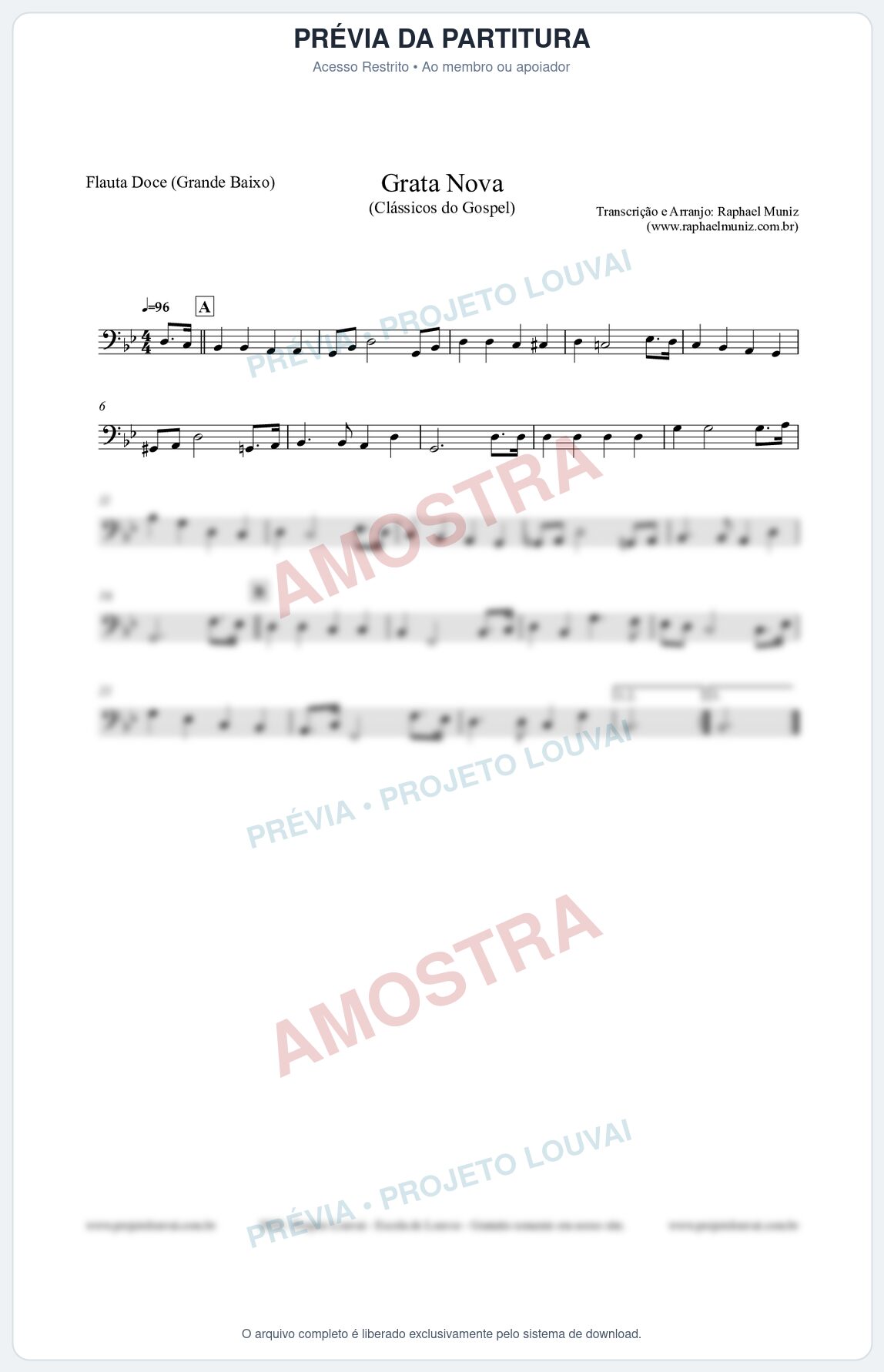 Prévia protegida da primeira página da partitura Partitura para Flauta Doce (Grande Baixo) - Grata Nova - Harpa Cristã 18 (Tom Gm) - Clássicos do Gospel