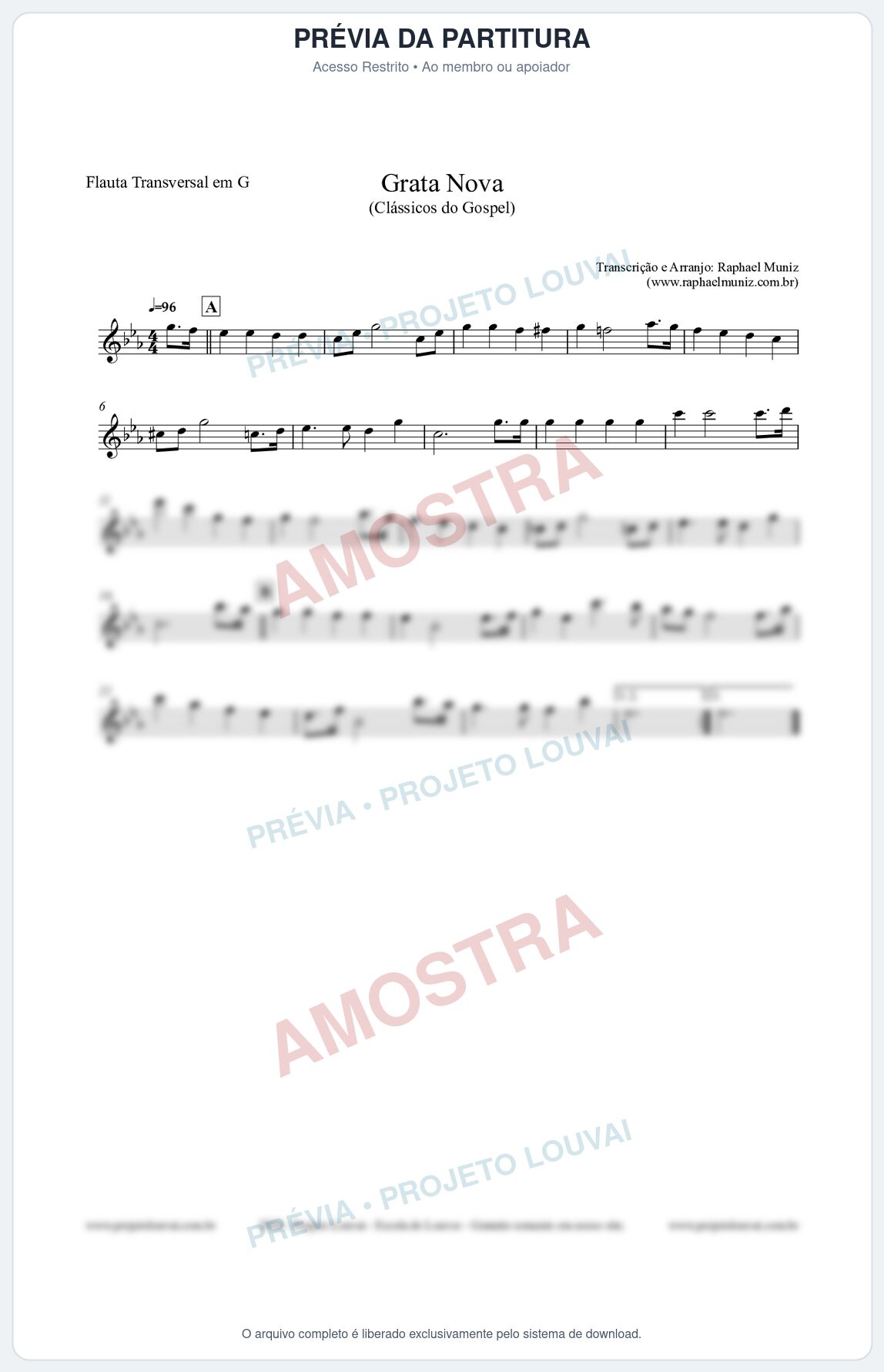 Prévia protegida da primeira página da partitura Partitura para Flauta Transversal em G - Grata Nova - Harpa Cristã 18 (Tom Gm) - Clássicos do Gospel
