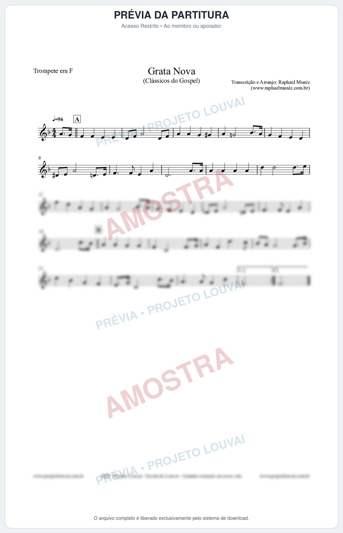 Prévia protegida da primeira página da partitura Partitura para Trompete em F - Grata Nova - Harpa Cristã 18 (Tom Gm) - Clássicos do Gospel