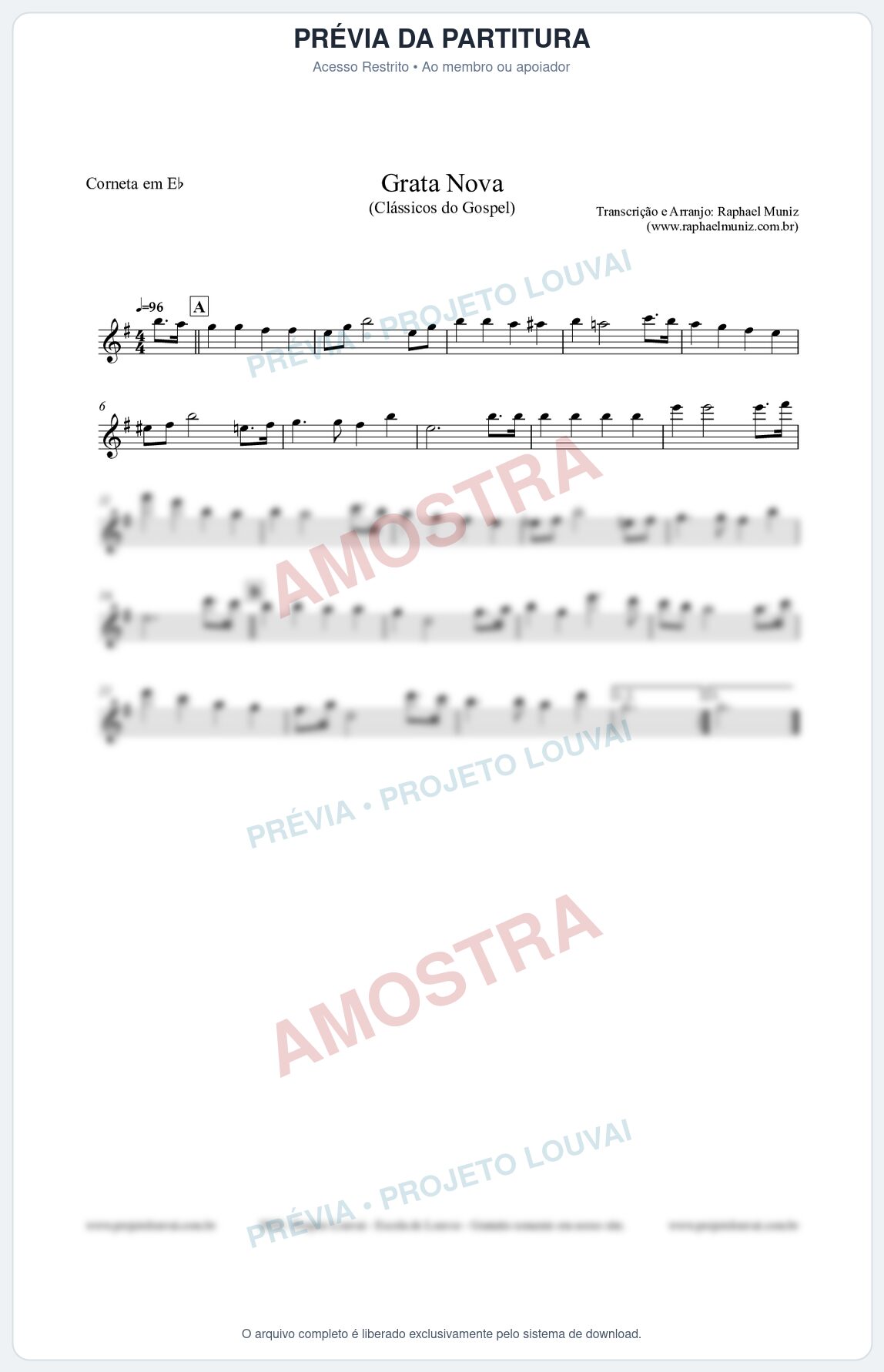 Prévia protegida da primeira página da partitura Partitura para Corneta em Eb - Grata Nova - Harpa Cristã 18 (Tom Gm) - Clássicos do Gospel