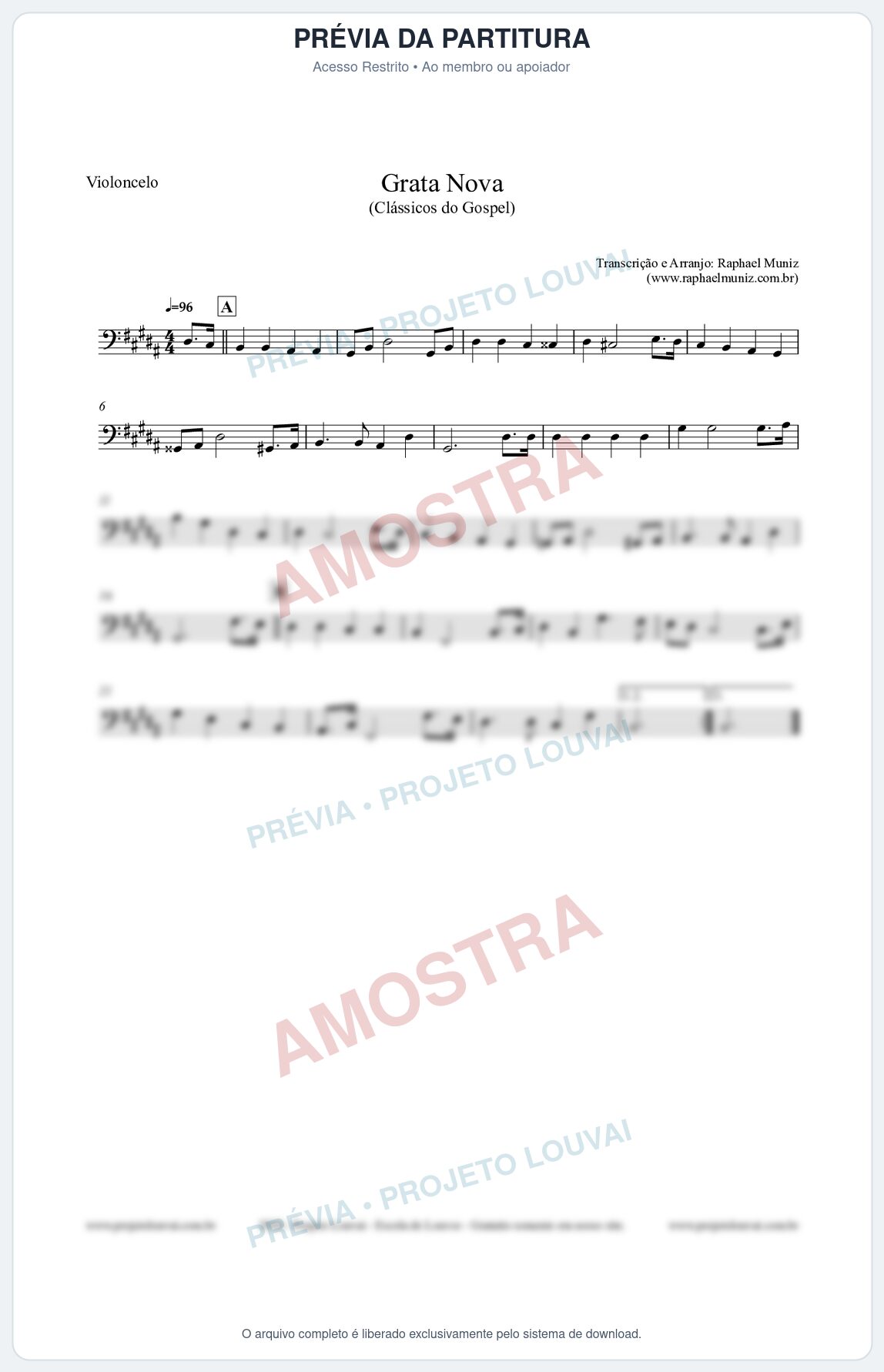 Prévia protegida da primeira página da partitura Partitura para Violoncelo - Grata Nova - Harpa Cristã 18 (Tom G#m) - Clássicos do Gospel
