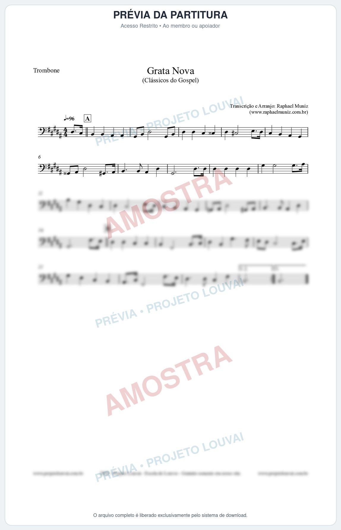 Prévia protegida da primeira página da partitura Partitura para Trombone - Grata Nova - Harpa Cristã 18 (Tom G#m) - Clássicos do Gospel