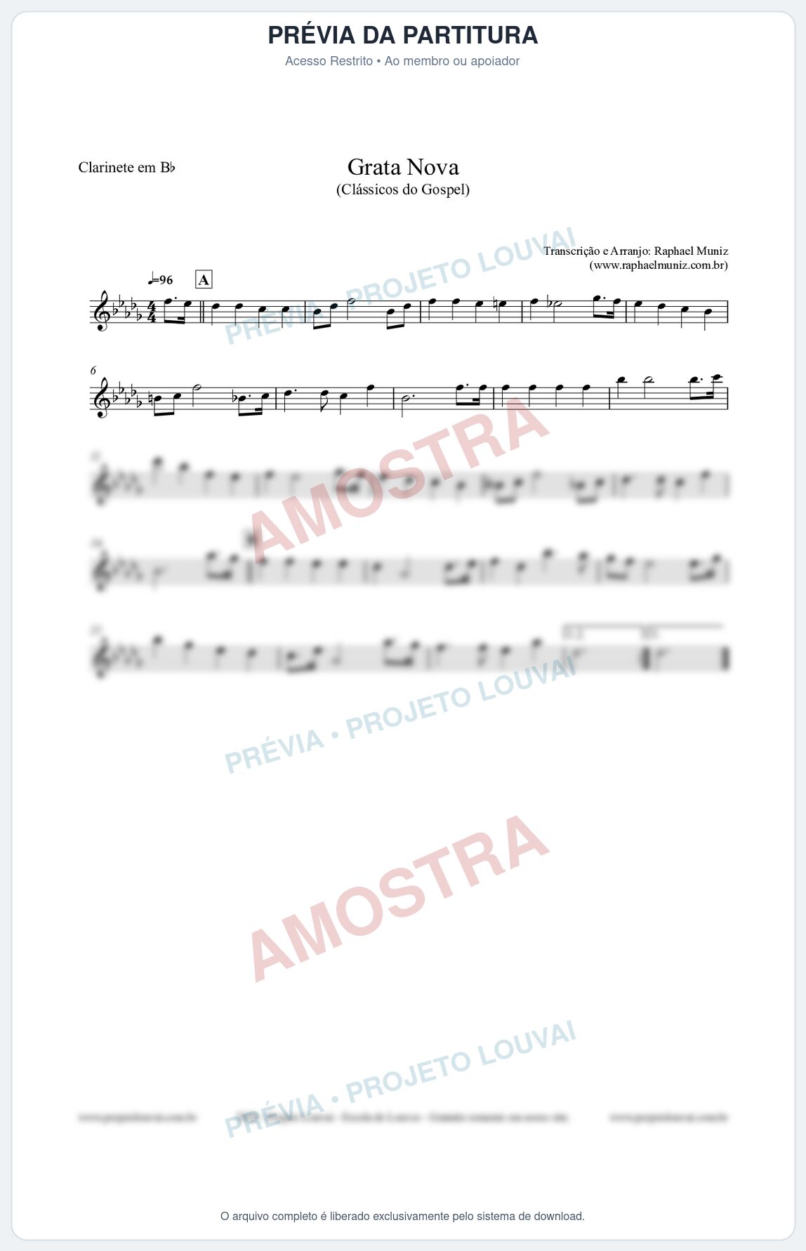 Prévia protegida da primeira página da partitura Partitura para Clarinete em Bb - Grata Nova - Harpa Cristã 18 (Tom G#m) - Clássicos do Gospel