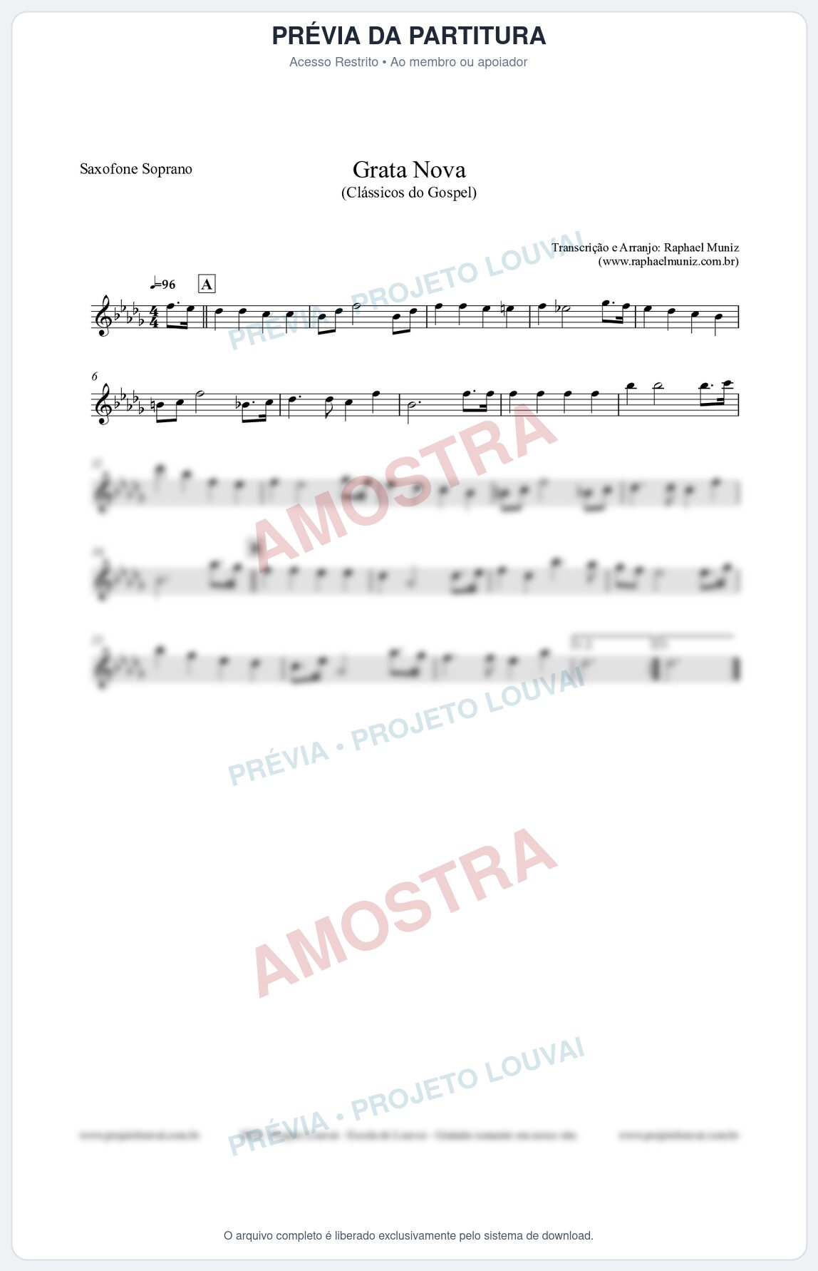 Prévia protegida da primeira página da partitura Partitura para Saxofone Soprano - Grata Nova - Harpa Cristã 18 (Tom G#m) - Clássicos do Gospel