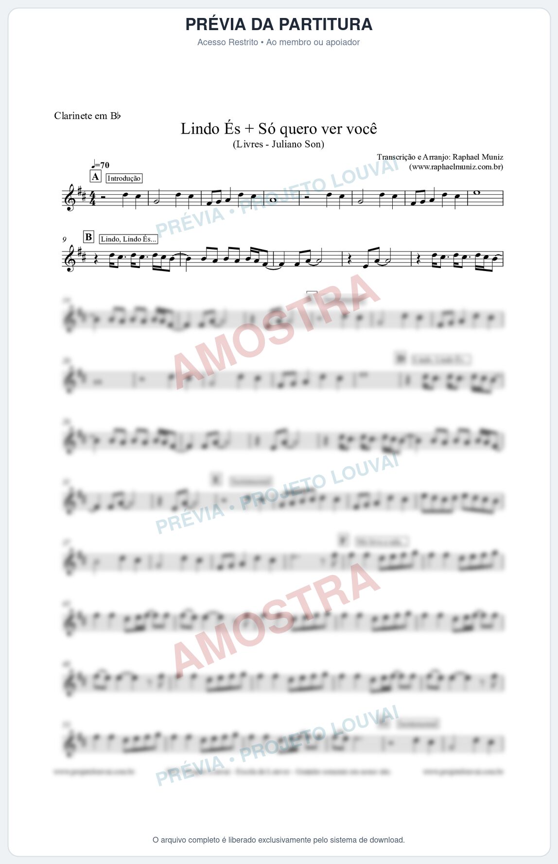 Prévia protegida da primeira página da partitura Partitura para Clarinete - Lindo És + Só quero ver você - Livres - Juliano Son