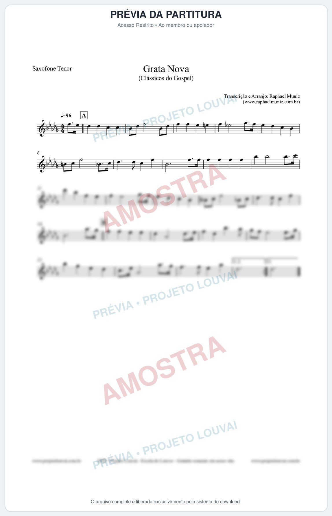 Prévia protegida da primeira página da partitura Partitura para Saxofone Tenor - Grata Nova - Harpa Cristã 18 (Tom G#m) - Clássicos do Gospel