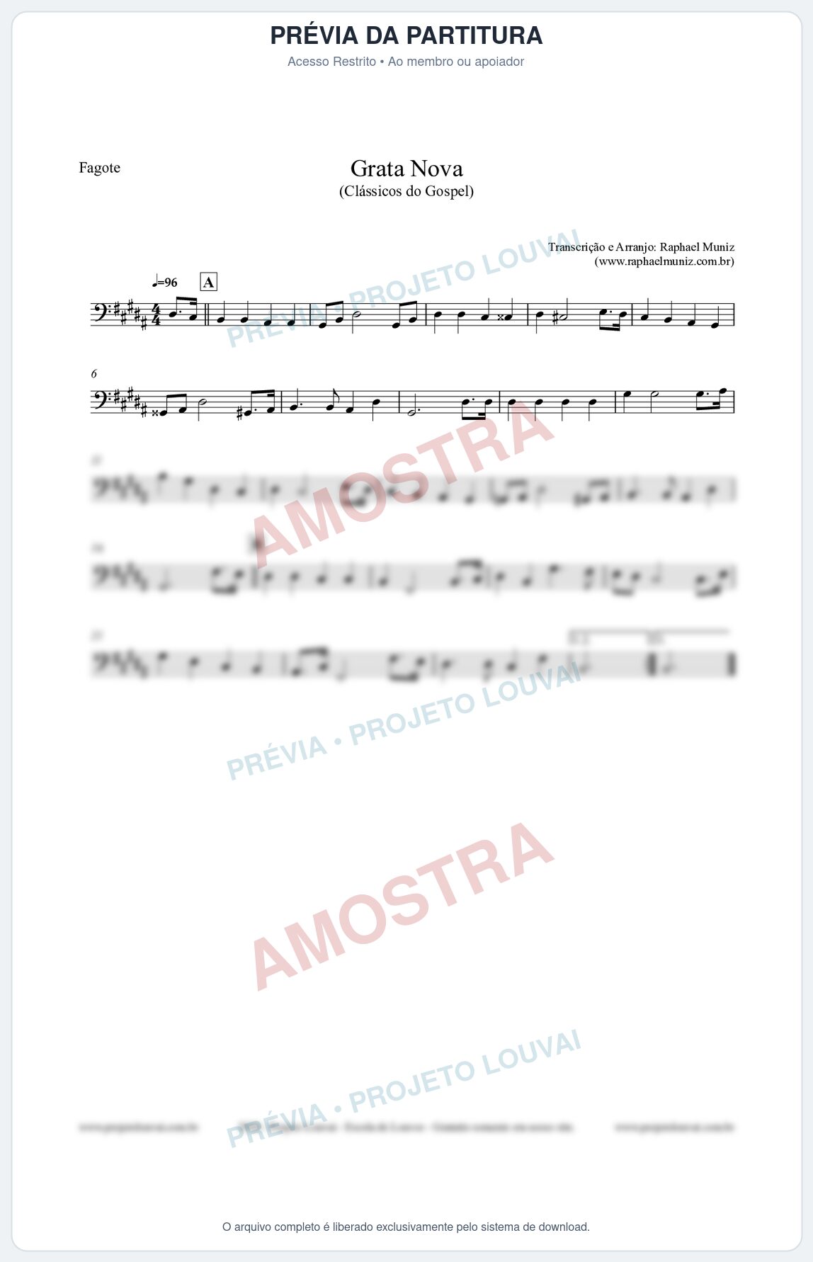 Prévia protegida da primeira página da partitura Partitura para Fagote - Grata Nova - Harpa Cristã 18 (Tom G#m) - Clássicos do Gospel