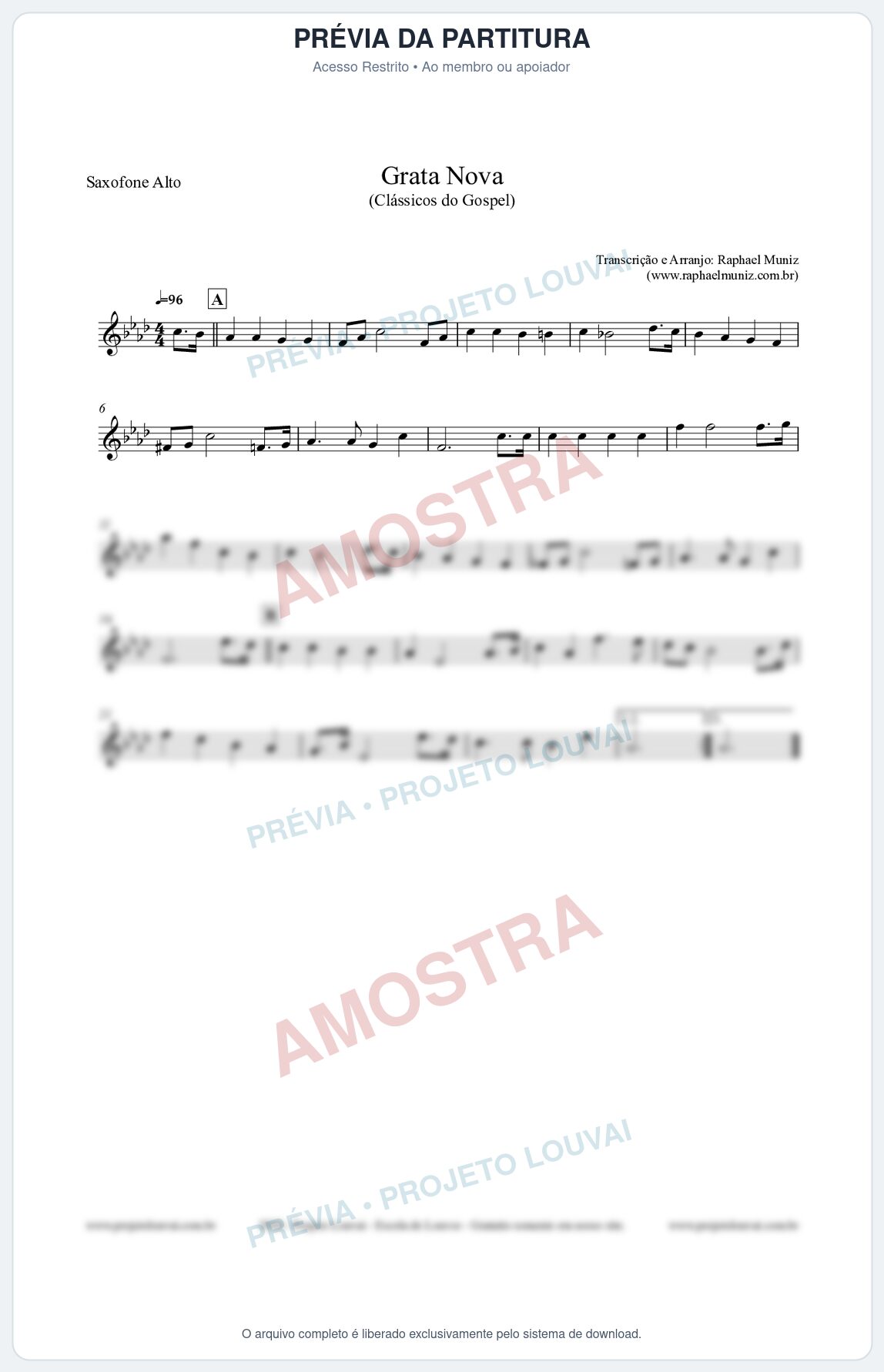 Prévia protegida da primeira página da partitura Partitura para Saxofone Alto - Grata Nova - Harpa Cristã 18 (Tom G#m) - Clássicos do Gospel
