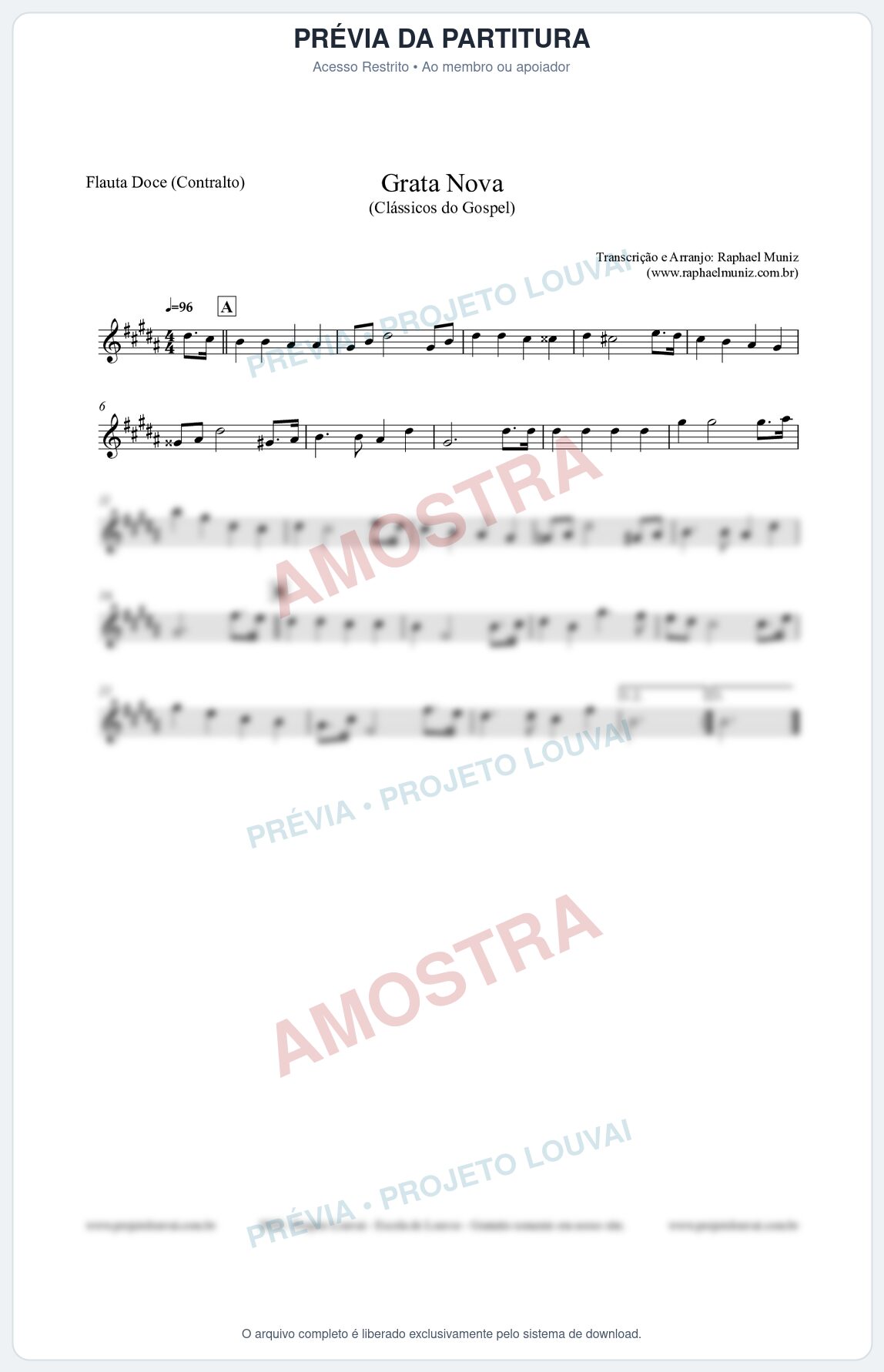 Prévia protegida da primeira página da partitura Partitura para Flauta Doce (Contralto) - Grata Nova - Harpa Cristã 18 (Tom G#m) - Clássicos do Gospel