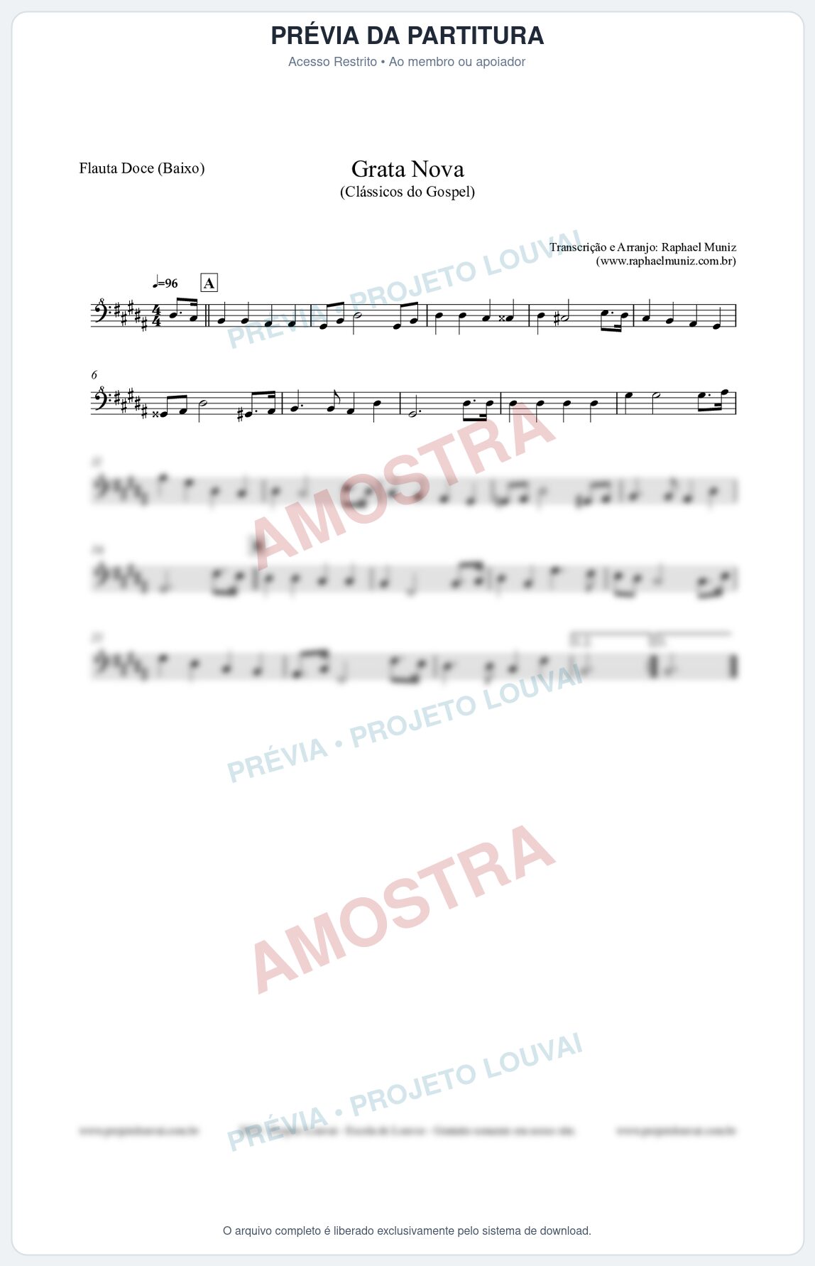 Prévia protegida da primeira página da partitura Partitura para Flauta Doce (Baixo) - Grata Nova - Harpa Cristã 18 (Tom G#m) - Clássicos do Gospel