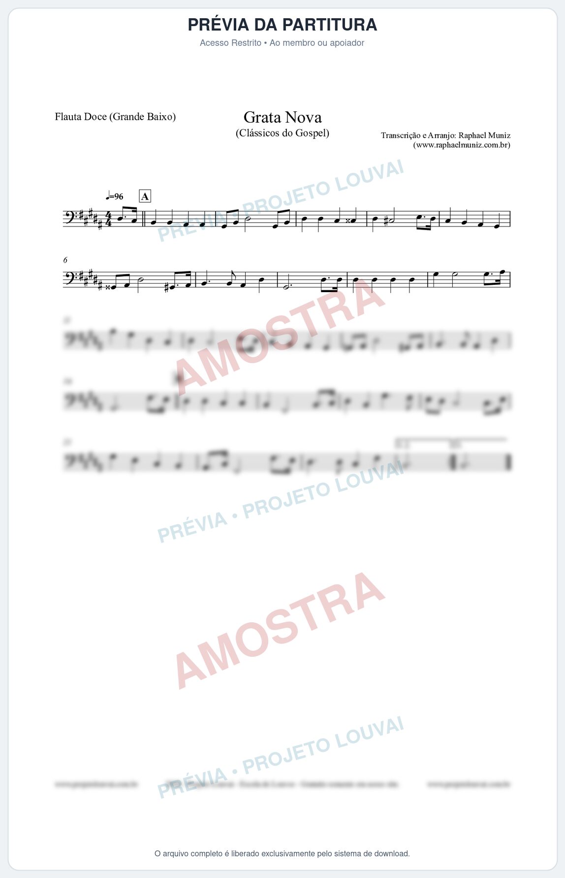 Prévia protegida da primeira página da partitura Partitura para Flauta Doce (Grande Baixo) - Grata Nova - Harpa Cristã 18 (Tom G#m) - Clássicos do Gospel