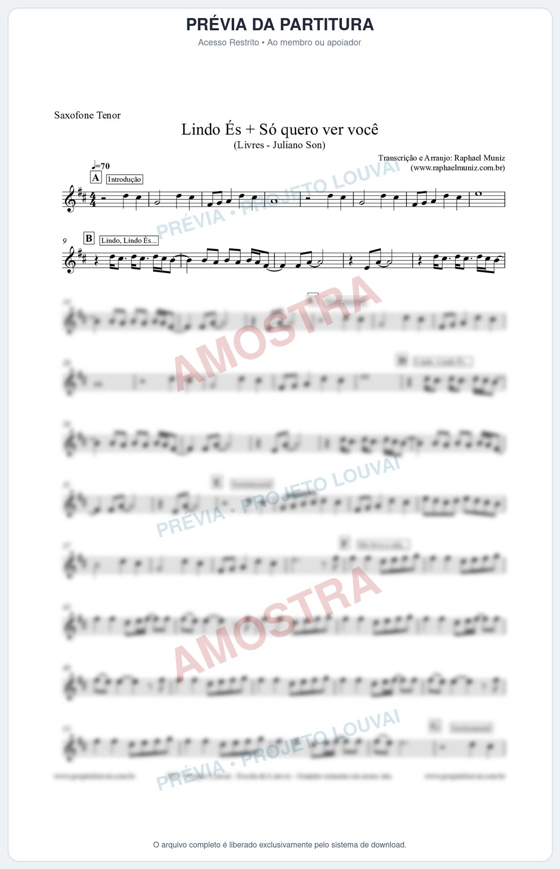 Prévia protegida da primeira página da partitura Partitura para Sax Tenor - Lindo És + Só quero ver você - Livres - Juliano Son
