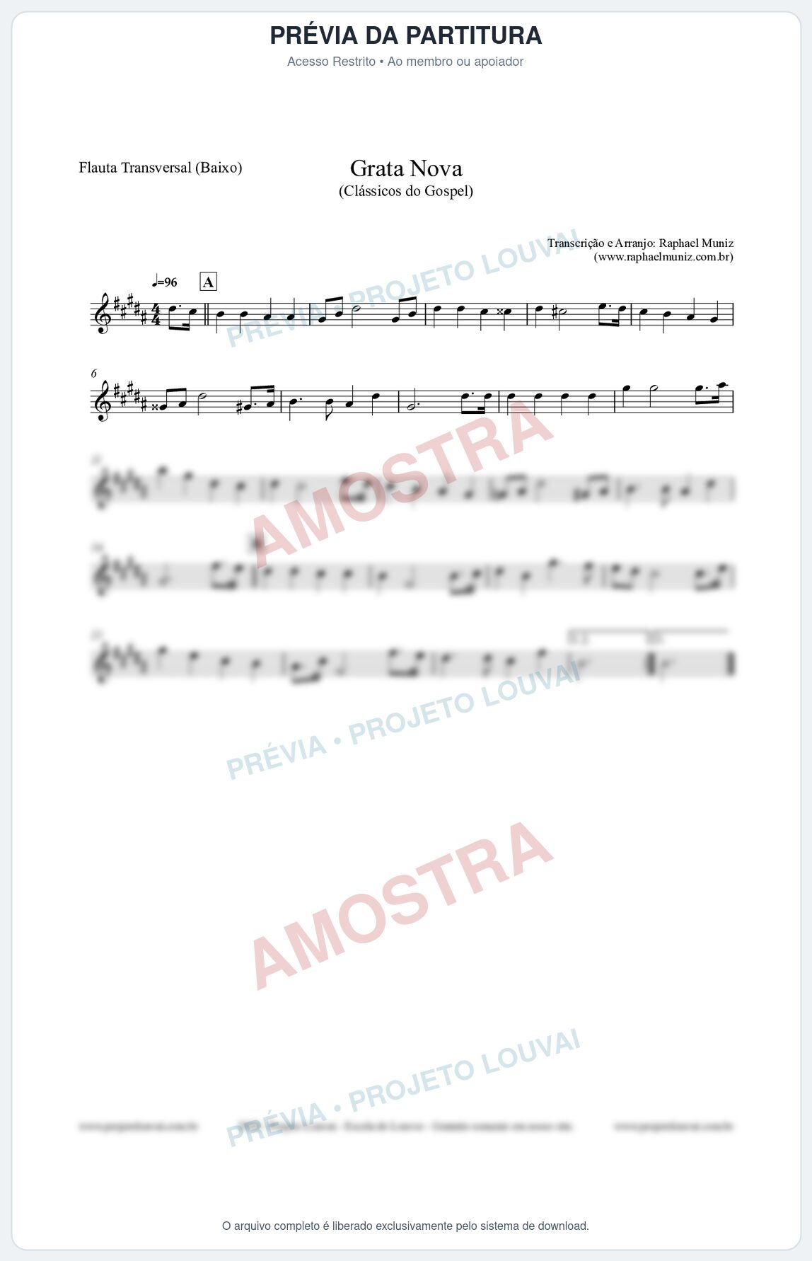 Prévia protegida da primeira página da partitura Partitura para Flauta Transversal (Baixo) - Grata Nova - Harpa Cristã 18 (Tom G#m) - Clássicos do Gospel