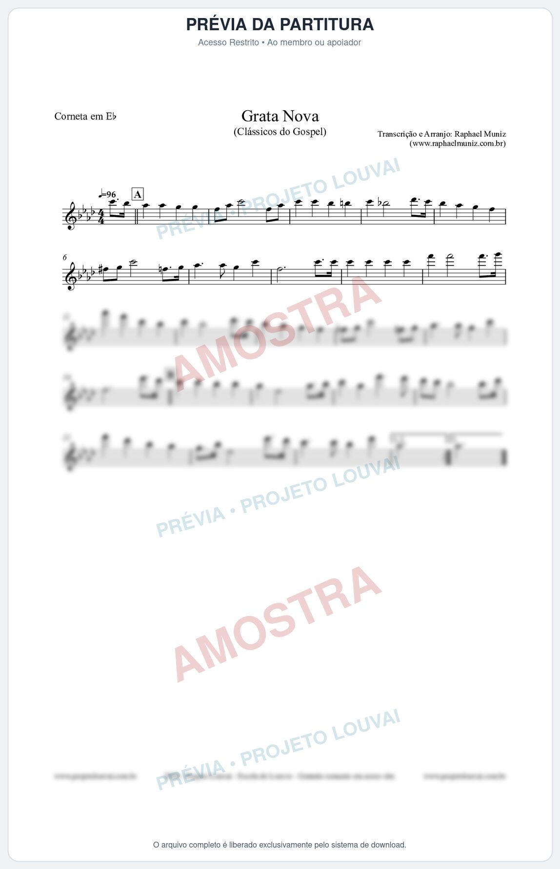 Prévia protegida da primeira página da partitura Partitura para Corneta em Eb - Grata Nova - Harpa Cristã 18 (Tom G#m) - Clássicos do Gospel