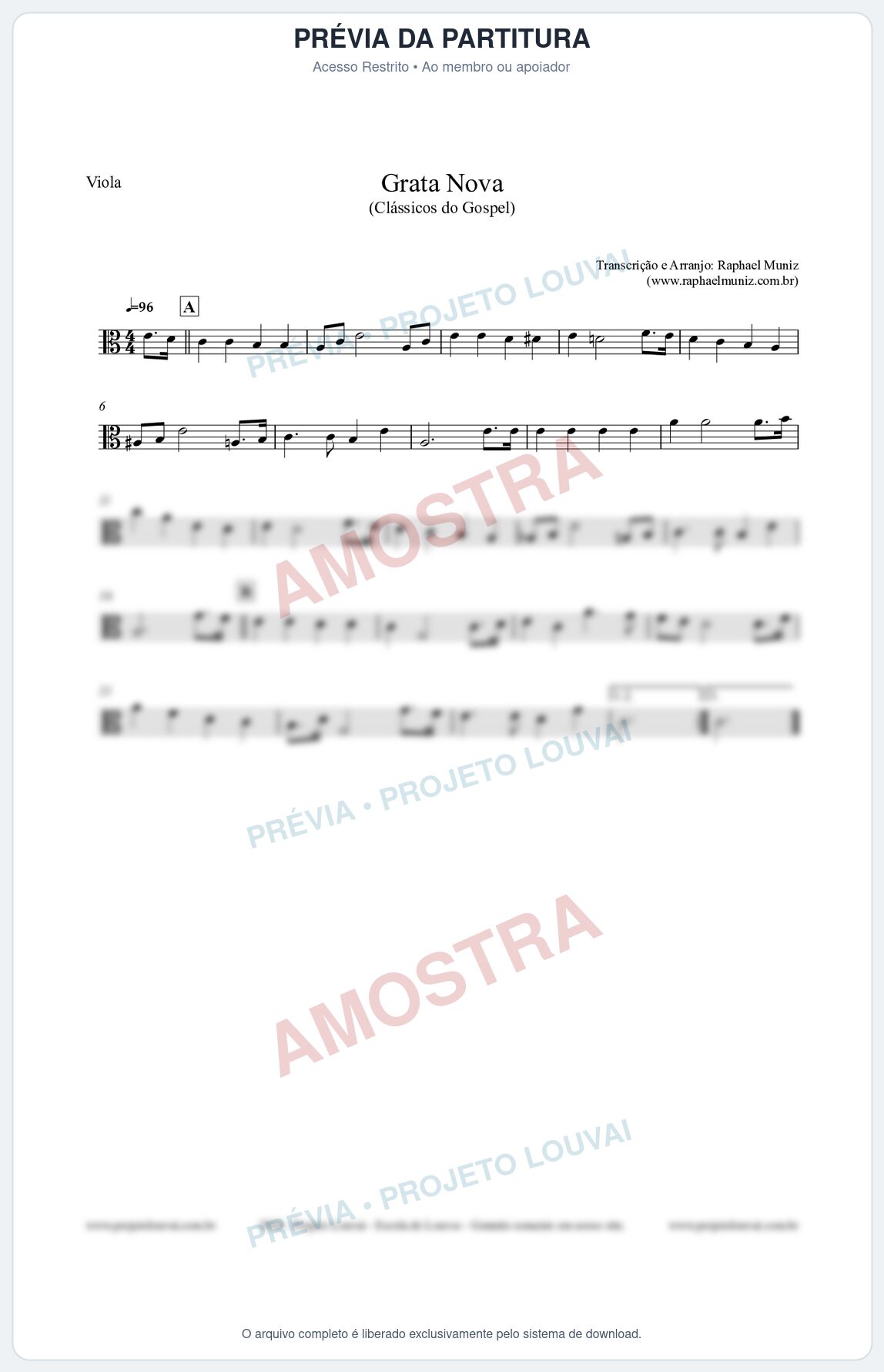 Prévia protegida da primeira página da partitura Partitura para Viola - Grata Nova - Harpa Cristã 18 (Tom Am) - Clássicos do Gospel
