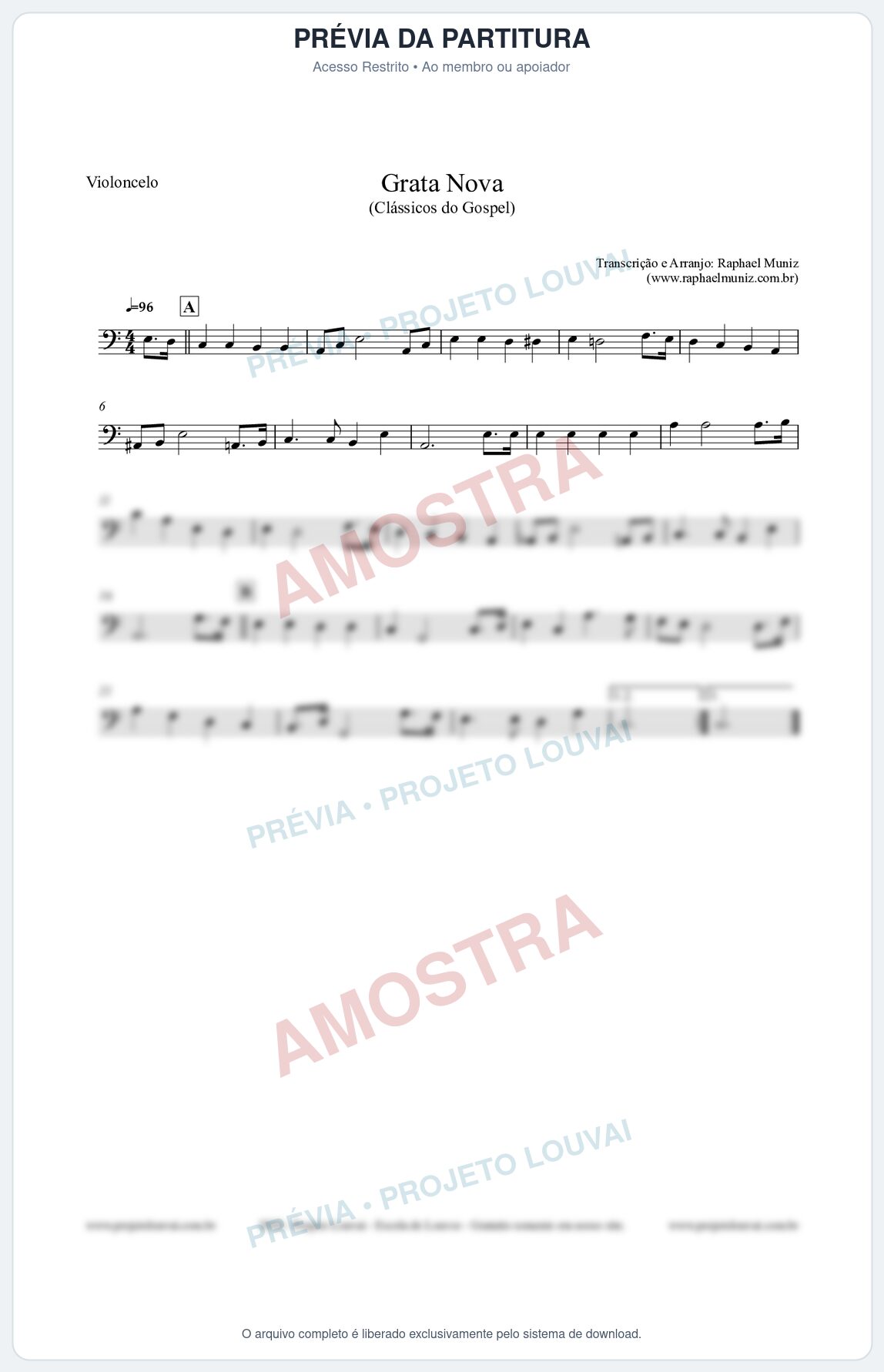 Prévia protegida da primeira página da partitura Partitura para Violoncelo - Grata Nova - Harpa Cristã 18 (Tom Am) - Clássicos do Gospel