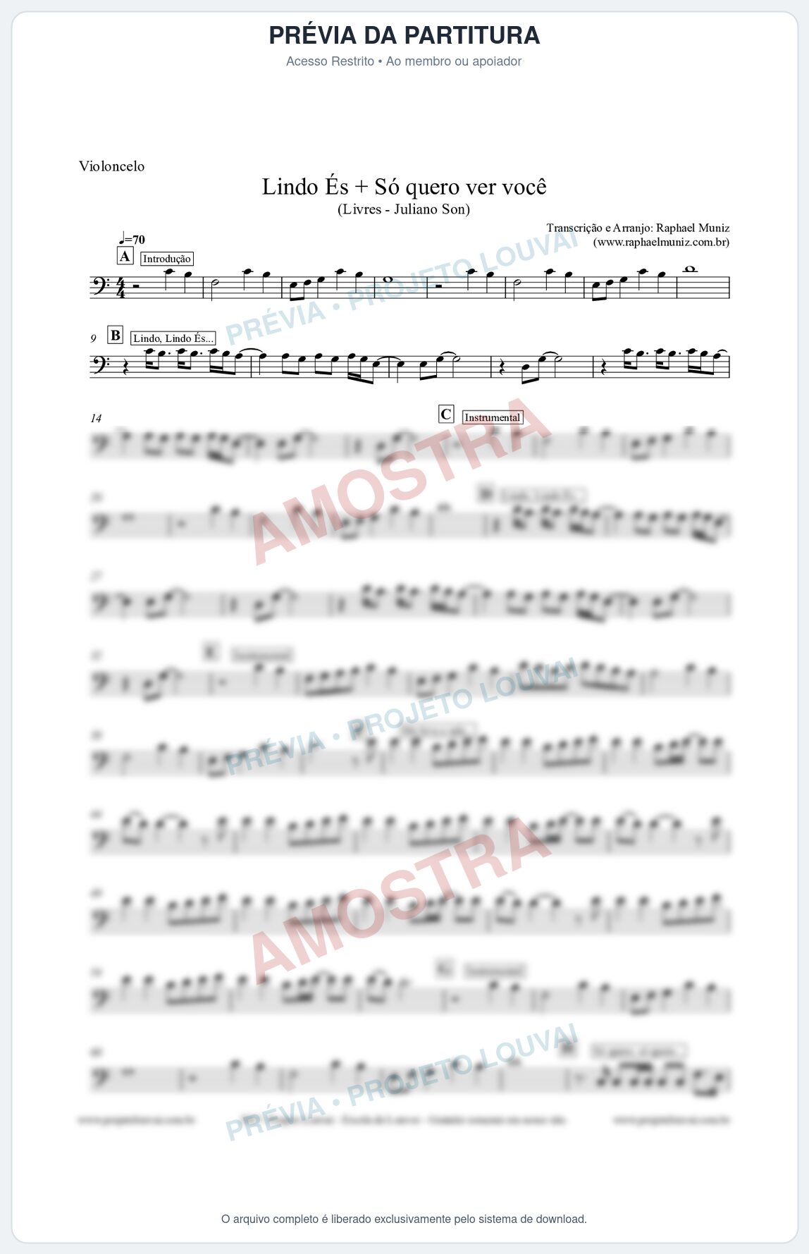 Prévia protegida da primeira página da partitura Partitura para Violoncelo - Lindo És + Só quero ver você - Livres - Juliano Son