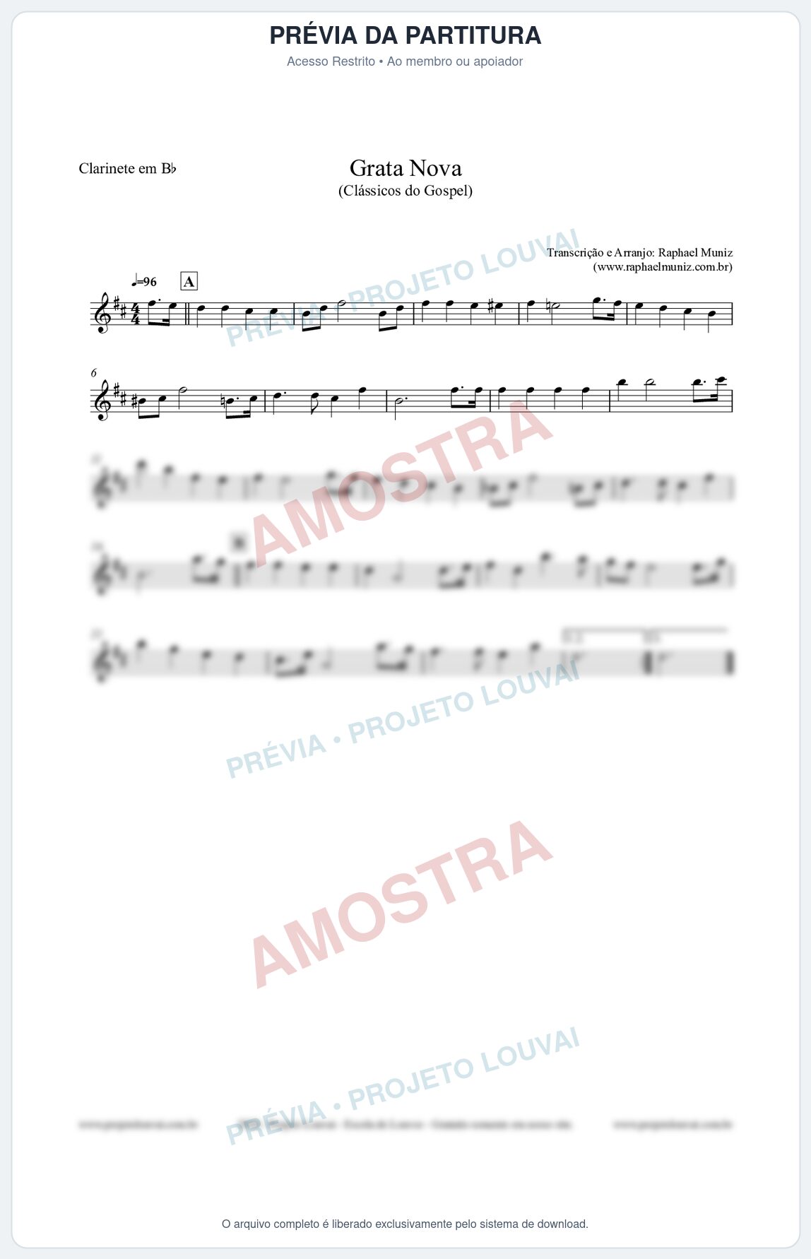 Prévia protegida da primeira página da partitura Partitura para Clarinete em Bb - Grata Nova - Harpa Cristã 18 (Tom Am) - Clássicos do Gospel