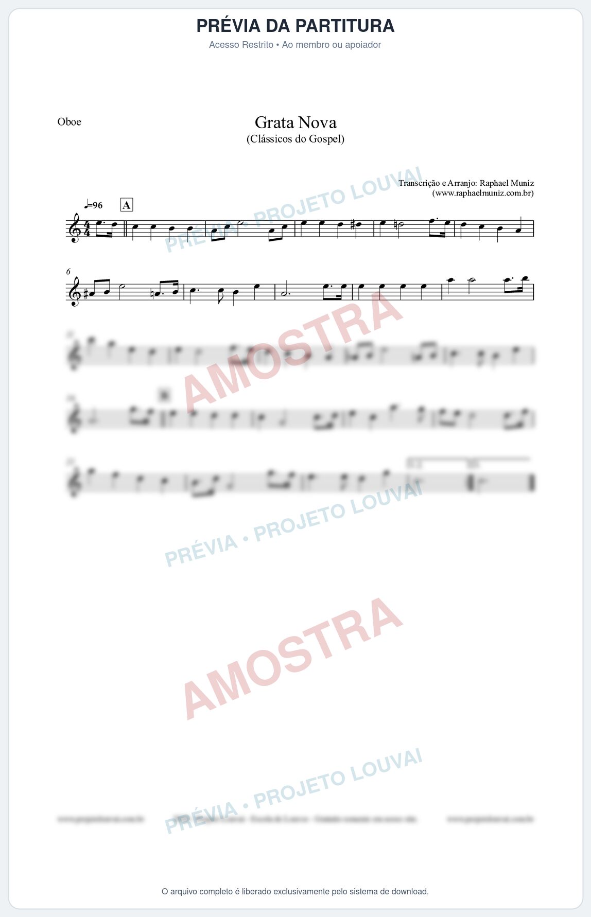 Prévia protegida da primeira página da partitura Partitura para Oboé - Grata Nova - Harpa Cristã 18 (Tom Am) - Clássicos do Gospel