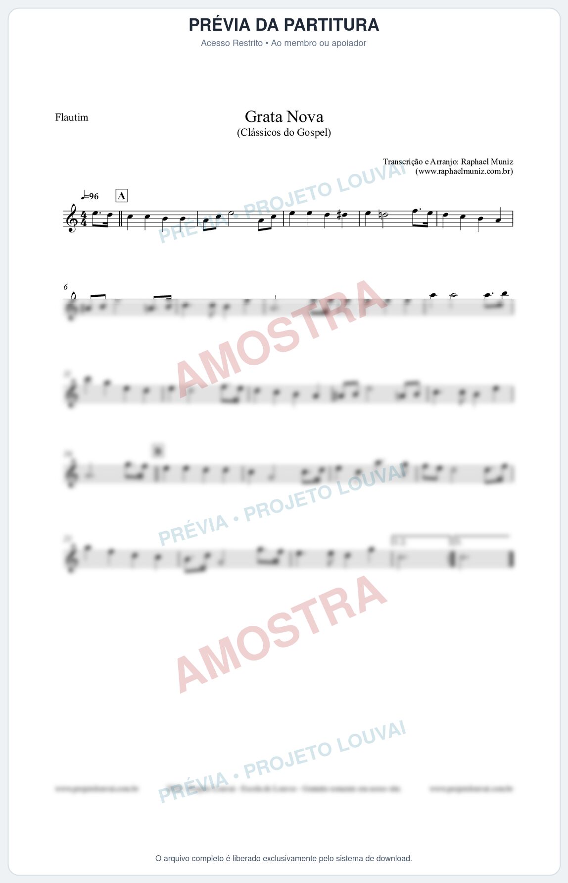 Prévia protegida da primeira página da partitura Partitura para Flautim - Grata Nova - Harpa Cristã 18 (Tom Am) - Clássicos do Gospel