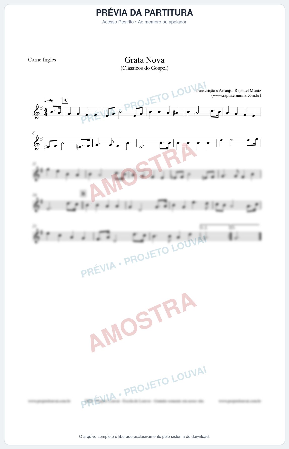 Prévia protegida da primeira página da partitura Partitura para Corne Inglês - Grata Nova - Harpa Cristã 18 (Tom Am) - Clássicos do Gospel