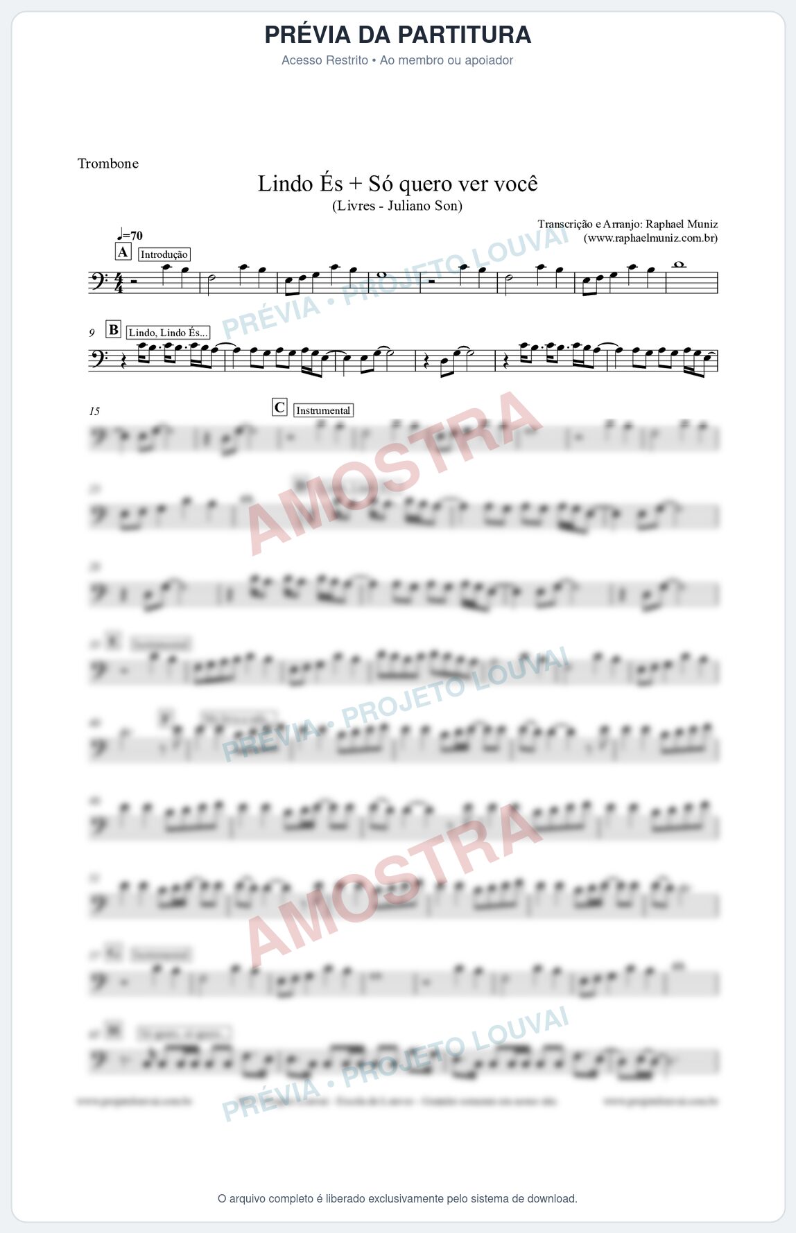 Prévia protegida da primeira página da partitura Partitura para Trombone - Lindo És + Só quero ver você - Livres - Juliano Son