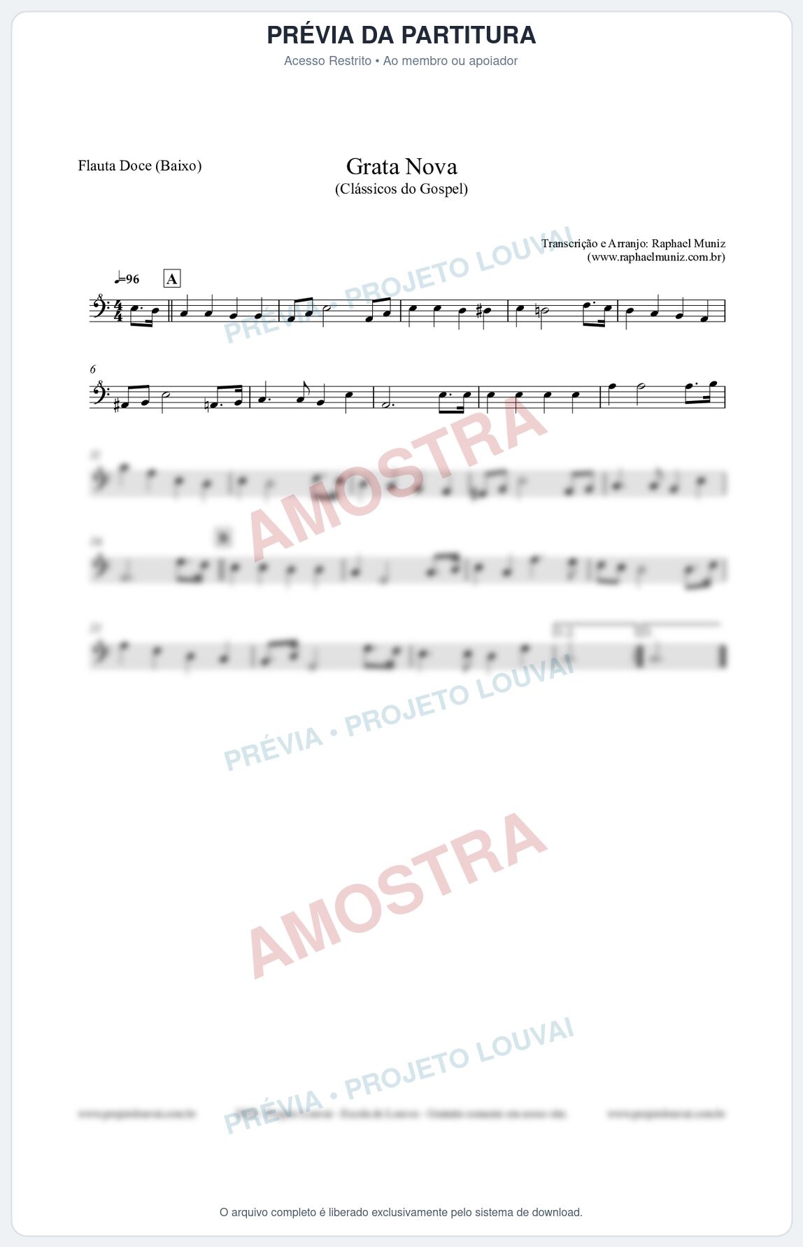Prévia protegida da primeira página da partitura Partitura para Flauta Doce (Baixo) - Grata Nova - Harpa Cristã 18 (Tom Am) - Clássicos do Gospel