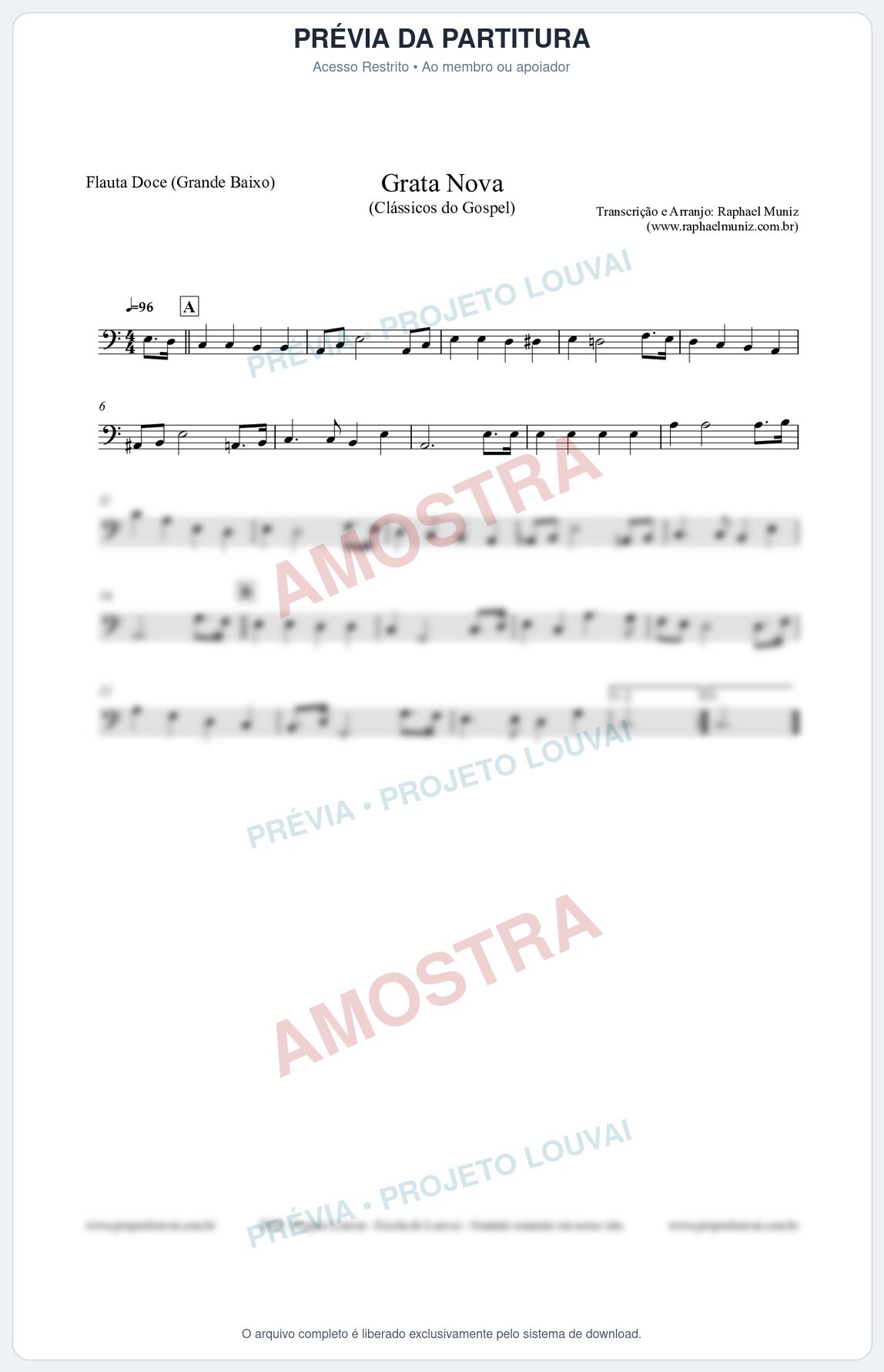 Prévia protegida da primeira página da partitura Partitura para Flauta Doce (Grande Baixo) - Grata Nova - Harpa Cristã 18 (Tom Am) - Clássicos do Gospel