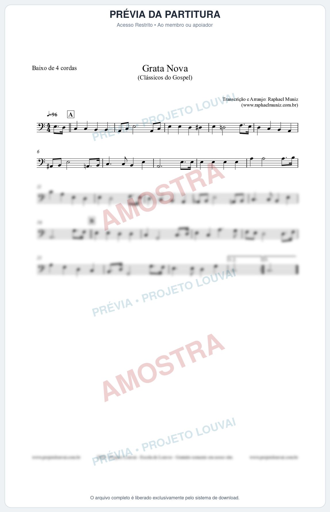 Prévia protegida da primeira página da partitura Partitura para Baixo de 4 cordas - Grata Nova - Harpa Cristã 18 (Tom Am) - Clássicos do Gospel