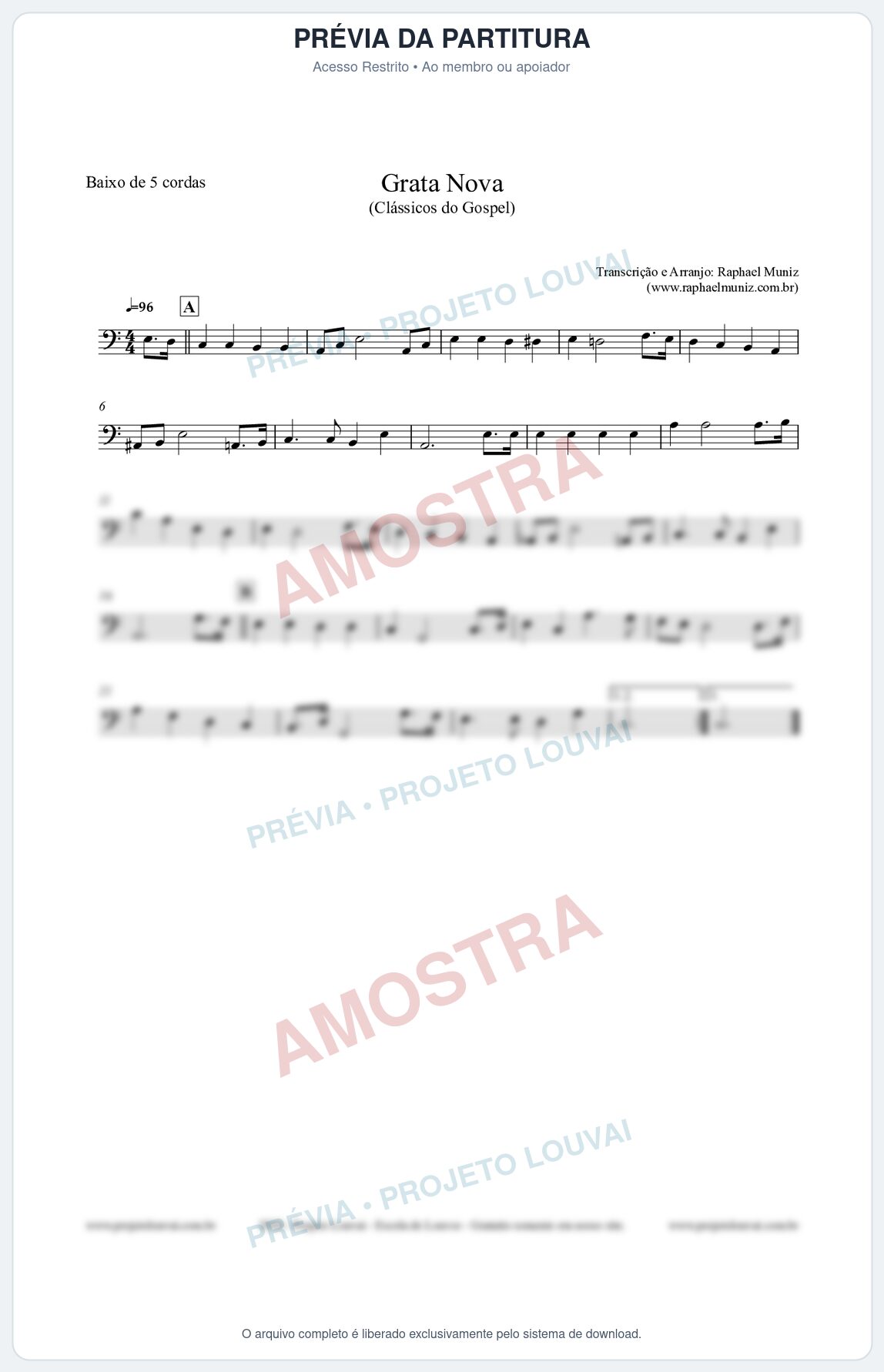Prévia protegida da primeira página da partitura Partitura para Baixo de 5 cordas - Grata Nova - Harpa Cristã 18 (Tom Am) - Clássicos do Gospel